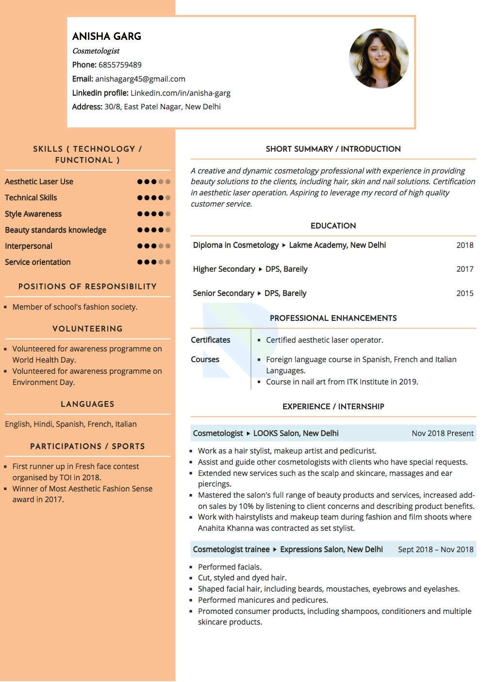 Sample Resume of Cosmetologist | Free Resume Templates & Samples on Resumod.co