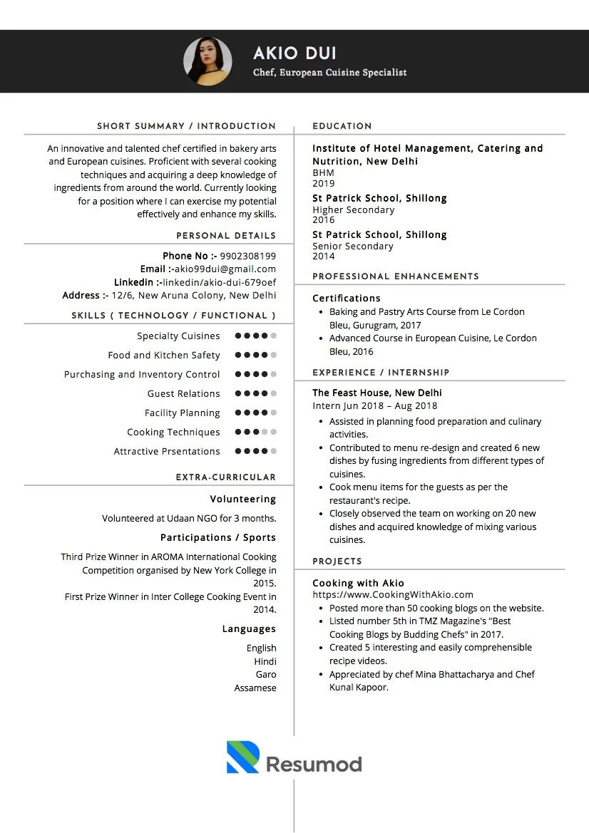 Sample Resume of Chef (Commis, Sous) | Free Resume Templates & Samples on Resumod.co