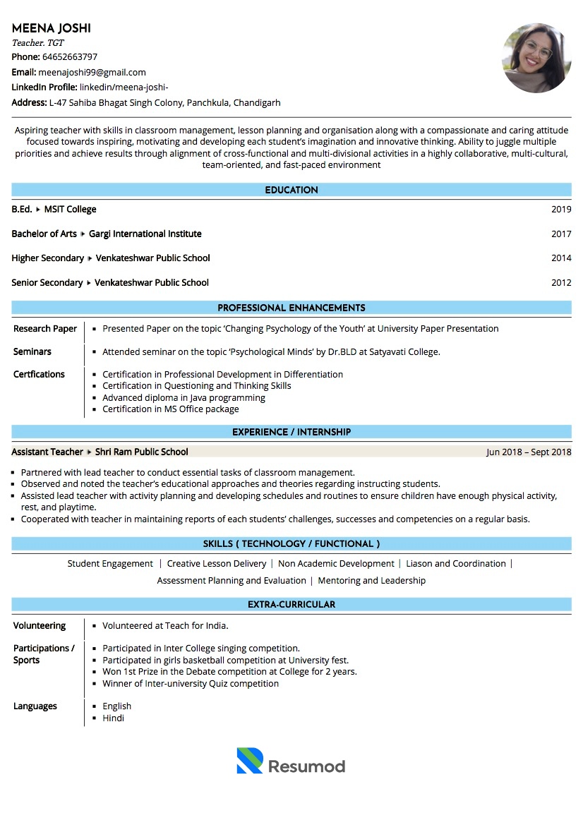 Sample Resume of Primary School Teacher (TGT) | Free Resume Templates & Samples on Resumod.co
