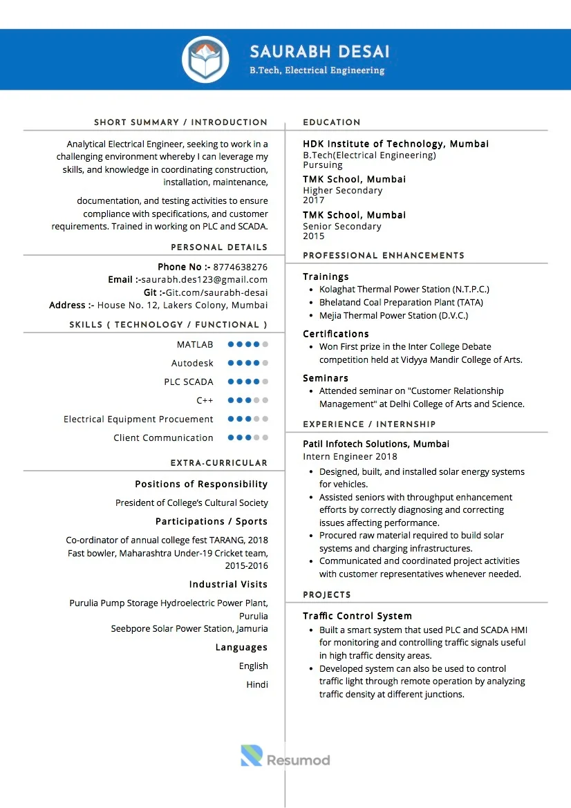 Sample Resume of Electrical Engineer Graduate | Free Resume Templates & Samples on Resumod.co
