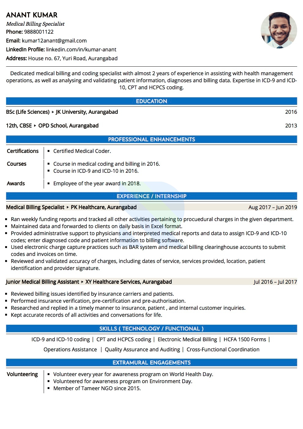 Sample Resume of Medical Billing Specialist  | Free Resume Templates & Samples on Resumod.co