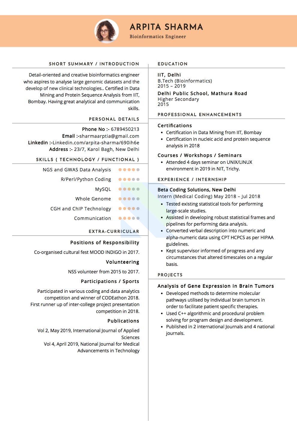 Sample Resume of Bioinformatics Engineer | Free Resume Templates & Samples on Resumod.co