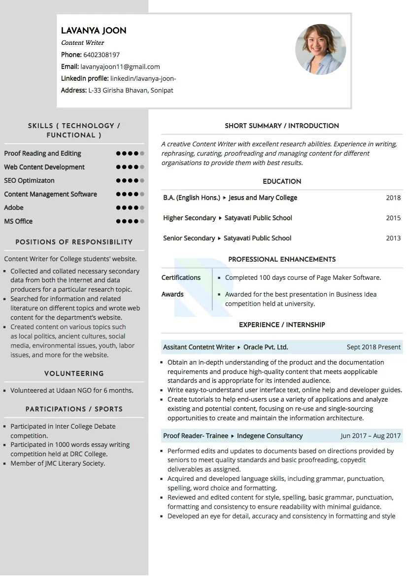 Sample Resume of Content Writer | Free Resume Templates & Samples on Resumod.co