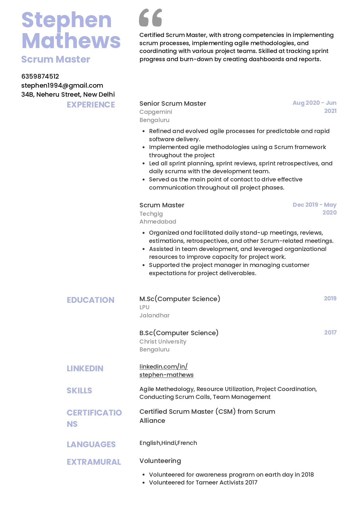 Sample Resume of Scrum Master | Free Resume Templates & Samples on Resumod.co