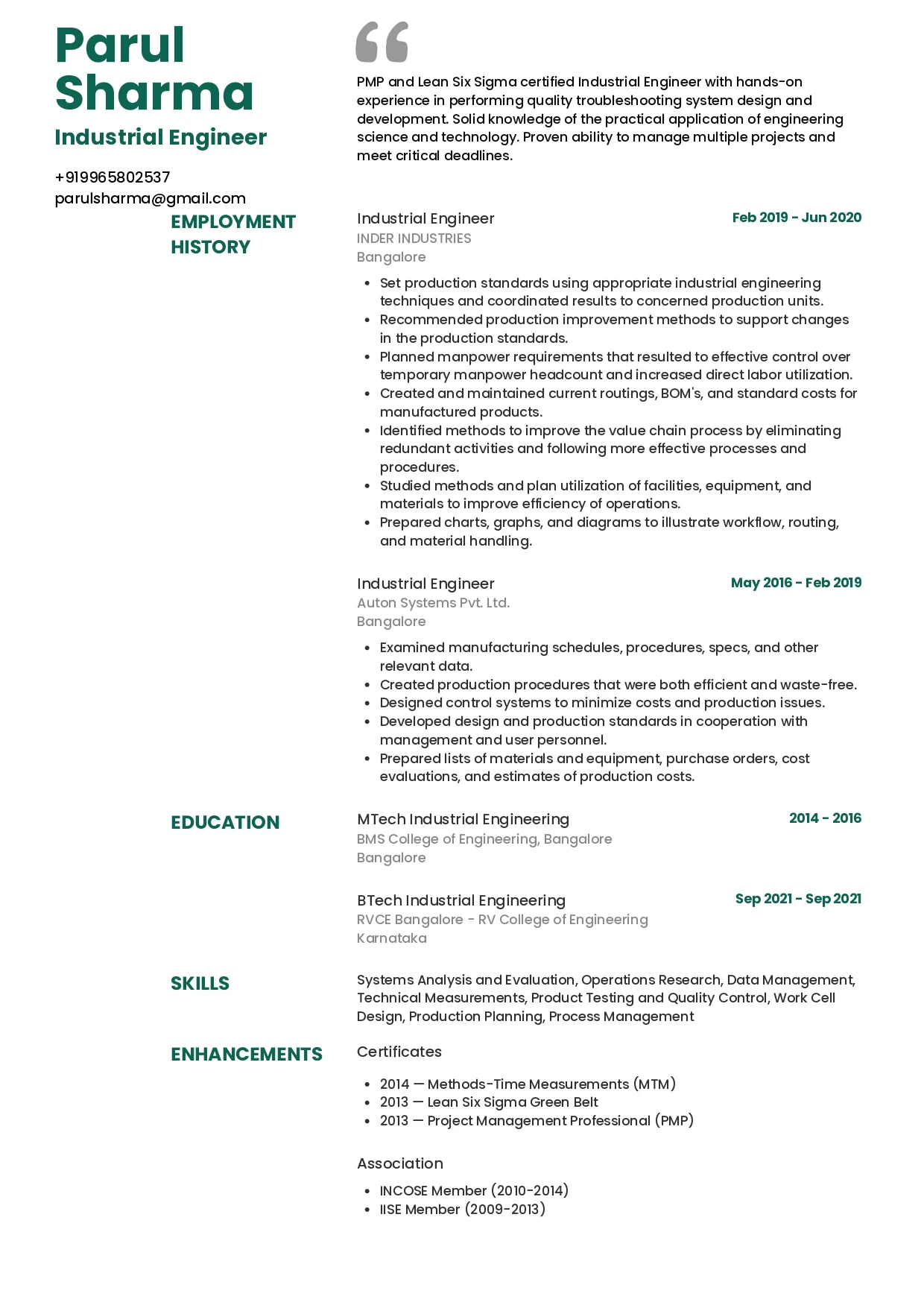Sample Resume of Industrial Engineer | Free Resume Templates & Samples on Resumod.co