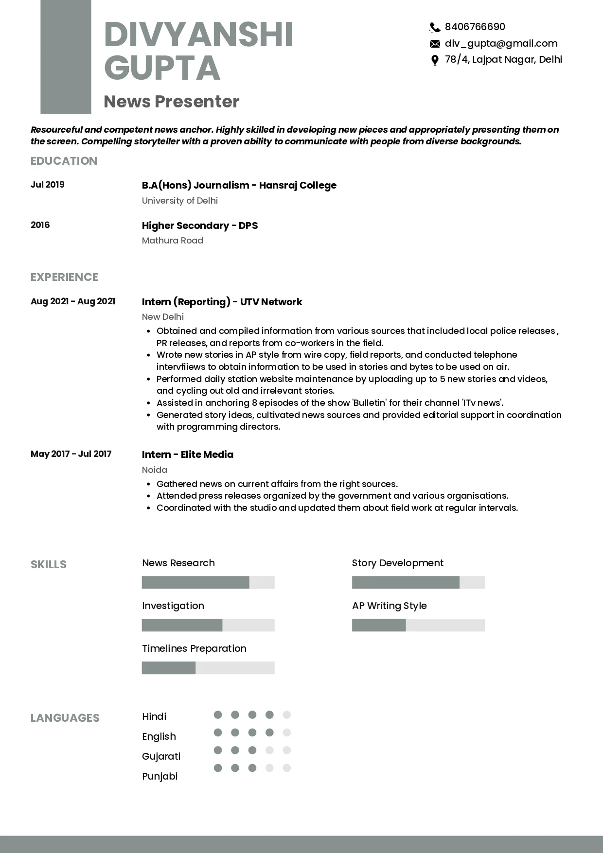 Sample Resume of News Presenter | Free Resume Templates & Samples on Resumod.co