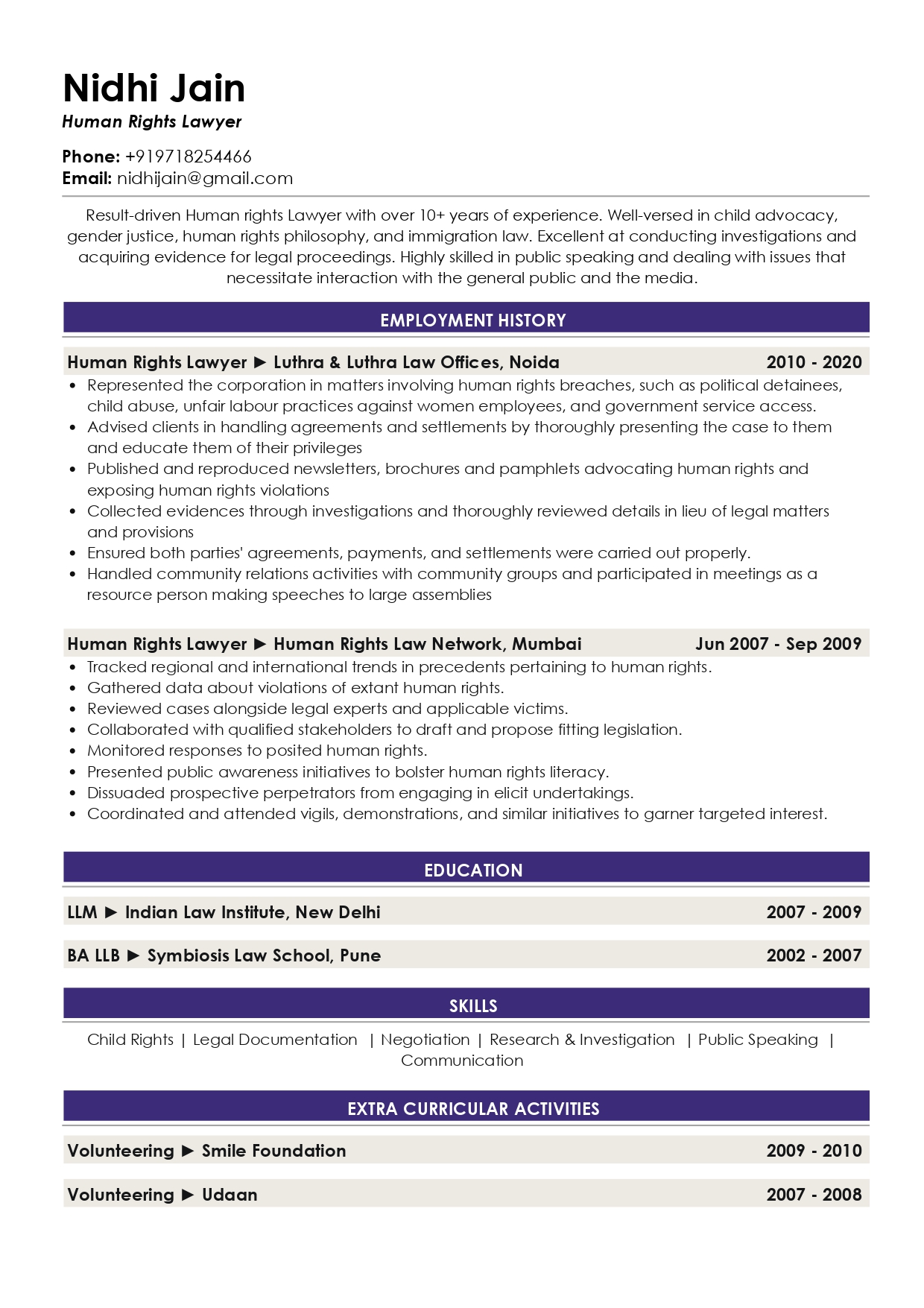 Sample Resume of Human Rights Lawyer | Free Resume Templates & Samples on Resumod.co