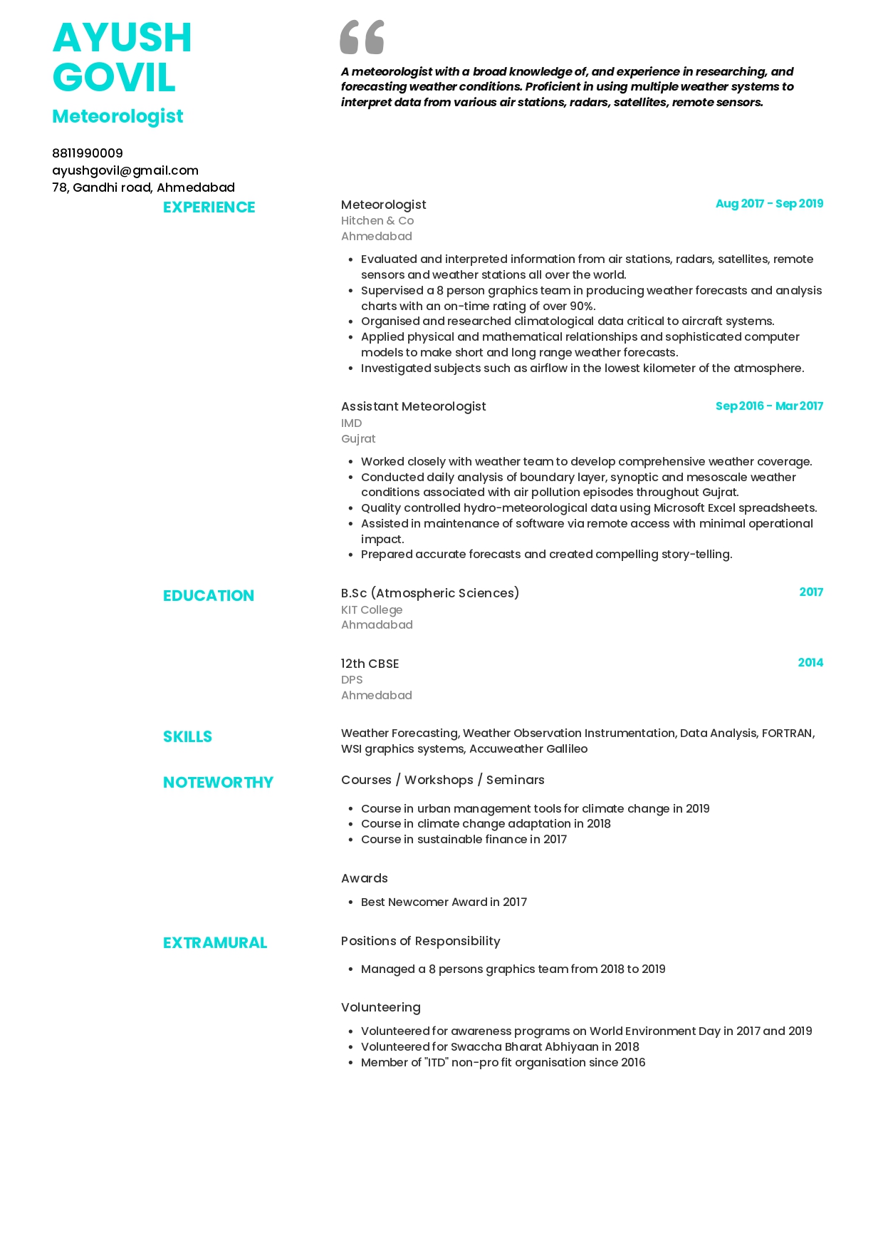 Sample Resume of Meteorologist | Free Resume Templates & Samples on Resumod.co