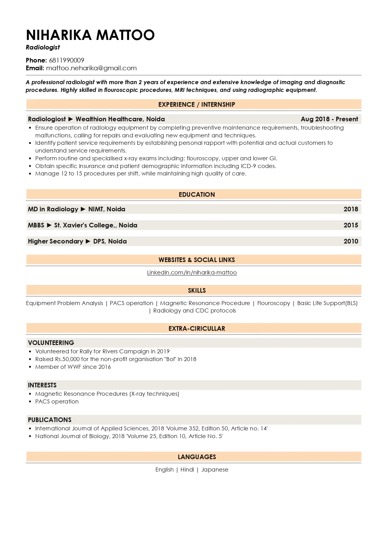 Sample Resume of Radiologist | Free Resume Templates & Samples on Resumod.co