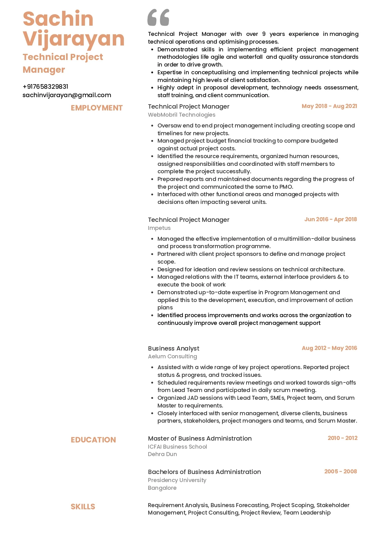 Sample Resume of Technical Project Manager | Free Resume Templates & Samples on Resumod.co