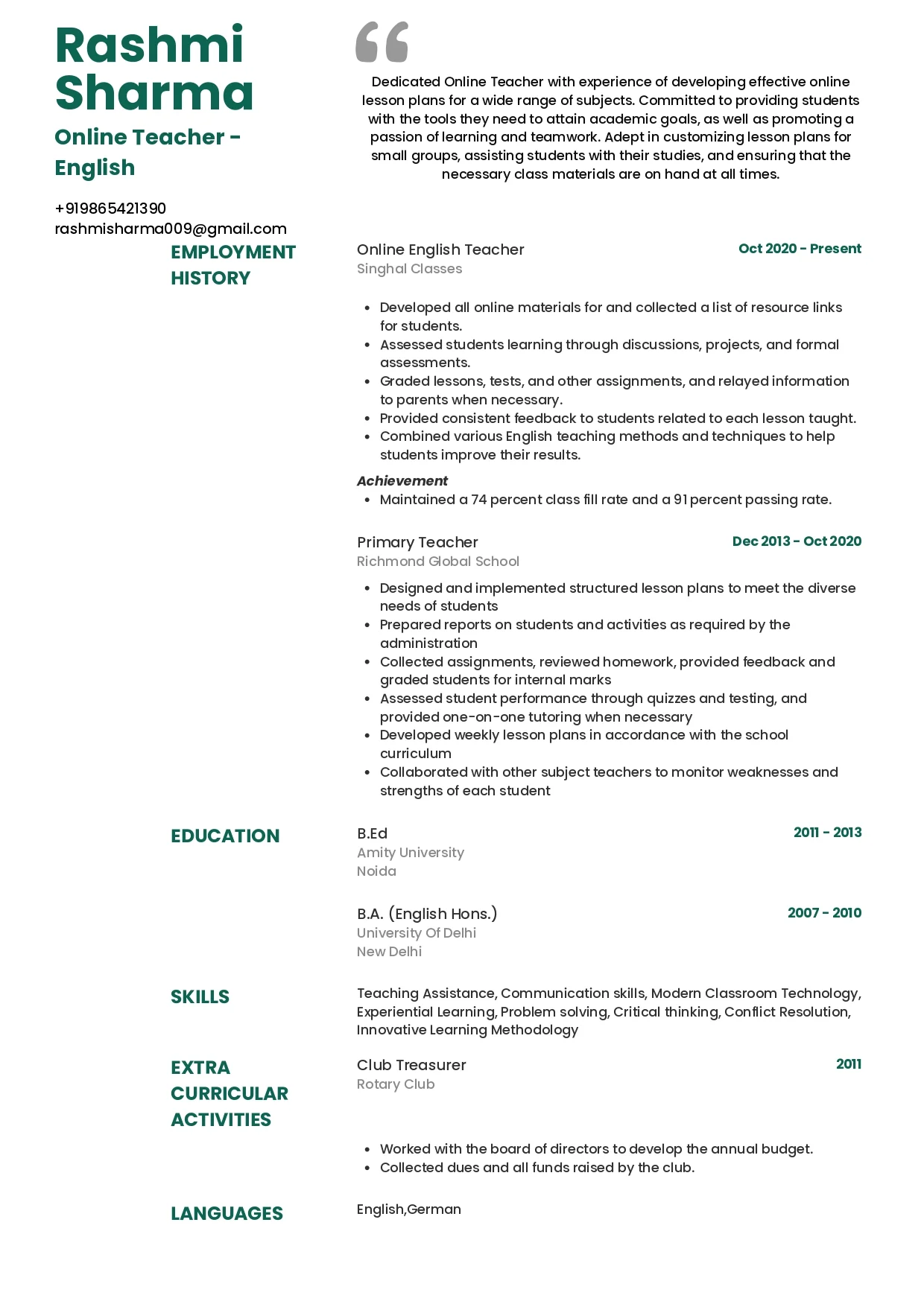 Sample Resume of Online English Teacher | Free Resume Templates & Samples on Resumod.co