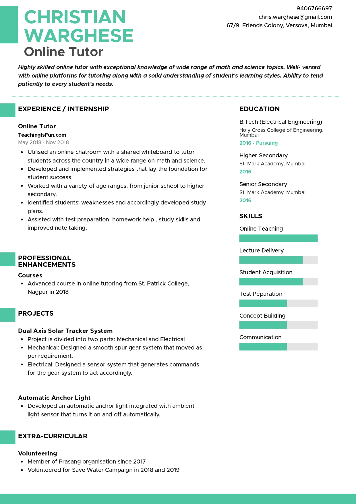 Sample Resume of Online Tutor | Free Resume Templates & Samples on Resumod.co