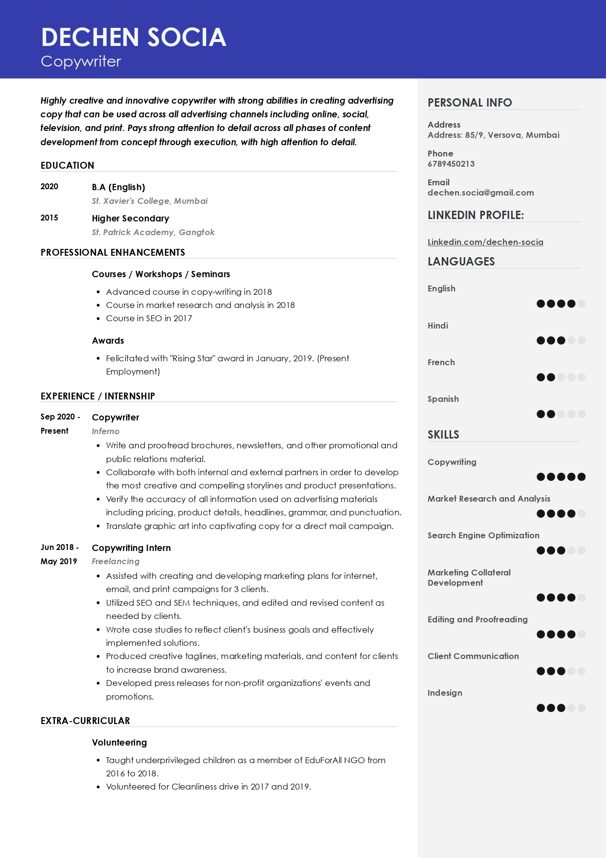 Sample Resume of Copywriter | Free Resume Templates & Samples on Resumod.co