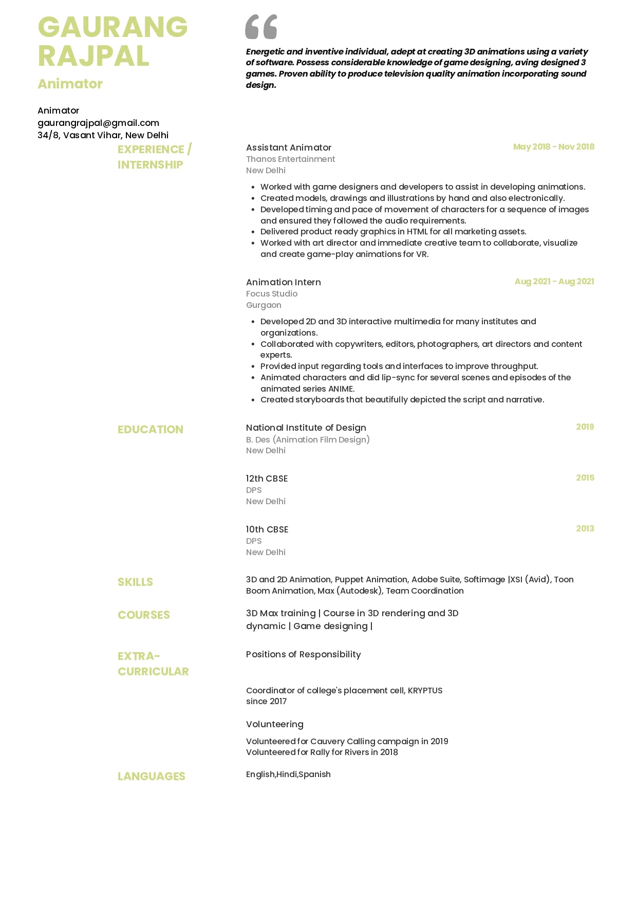Sample Resume of Animator | Free Resume Templates & Samples on Resumod.co