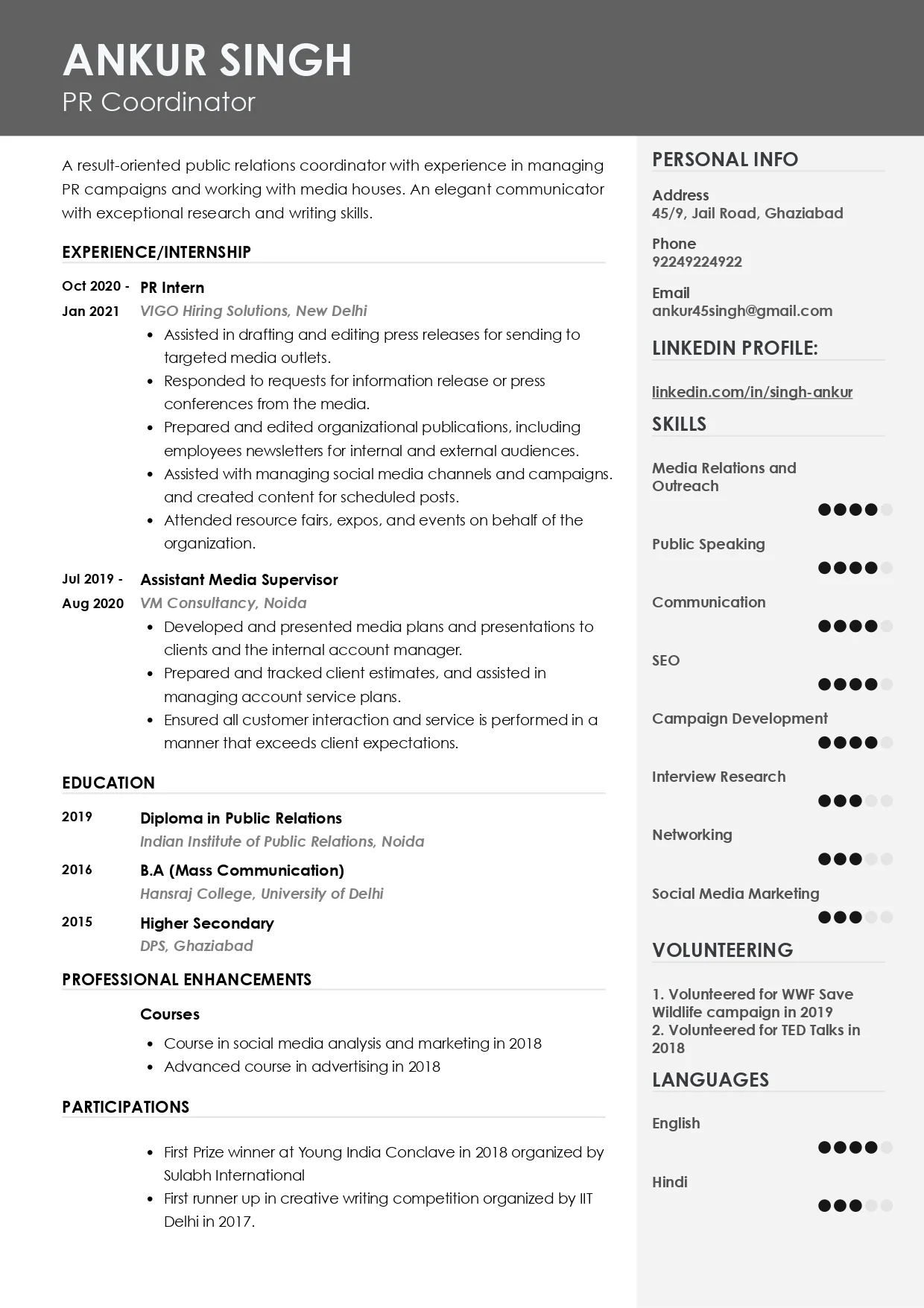Sample Resume of PR Coordinator | Free Resume Templates & Samples on Resumod.co