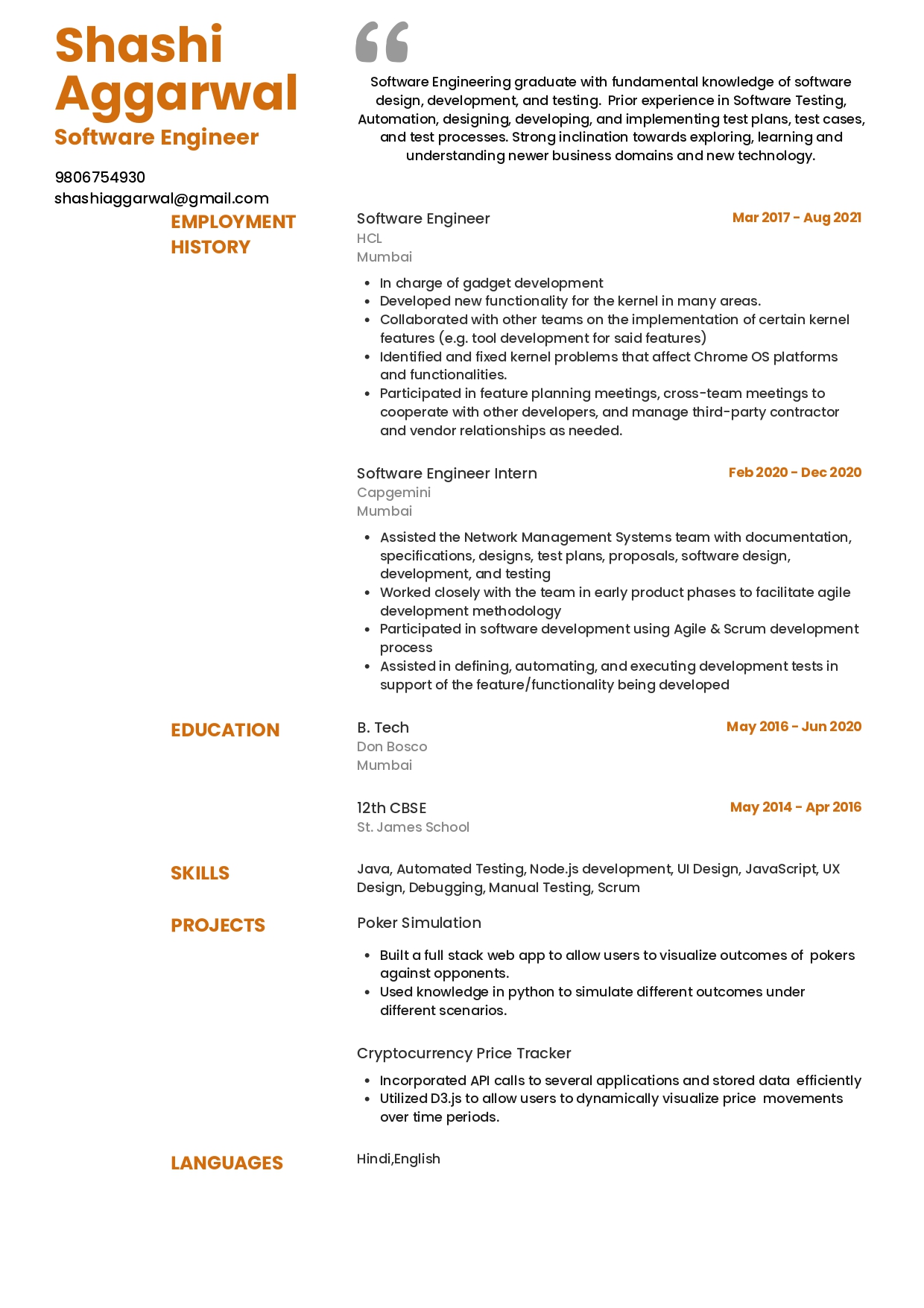 Sample Resume of Software Engineer | Free Resume Templates & Samples on Resumod.co