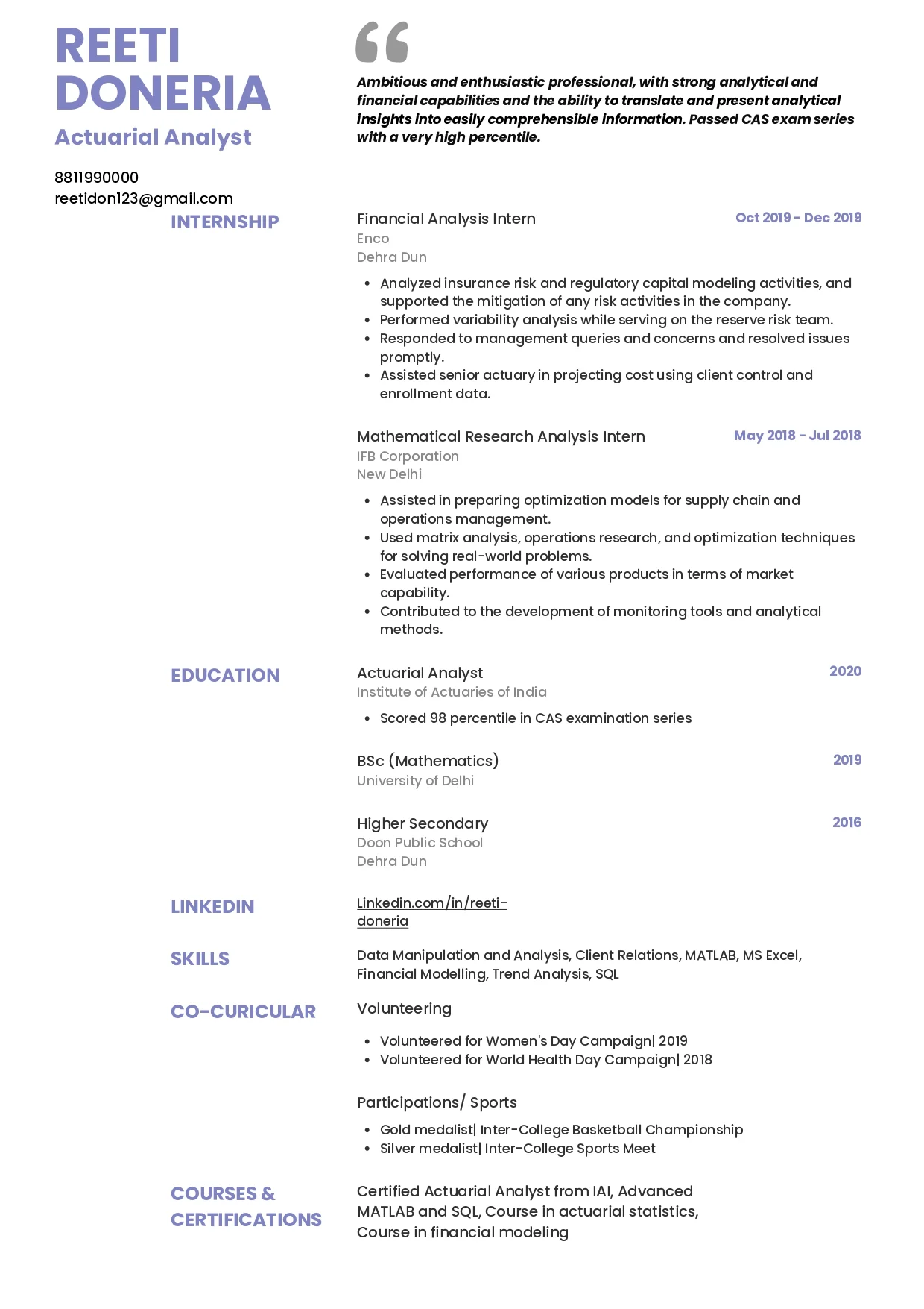 Sample Resume of Actuarial Analyst | Free Resume Templates & Samples on Resumod.co