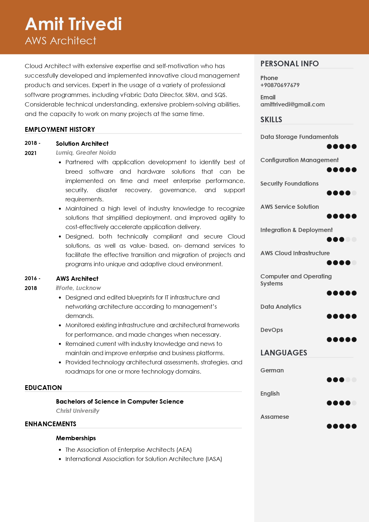 Sample Resume of AWS Architect | Free Resume Templates & Samples on Resumod.co