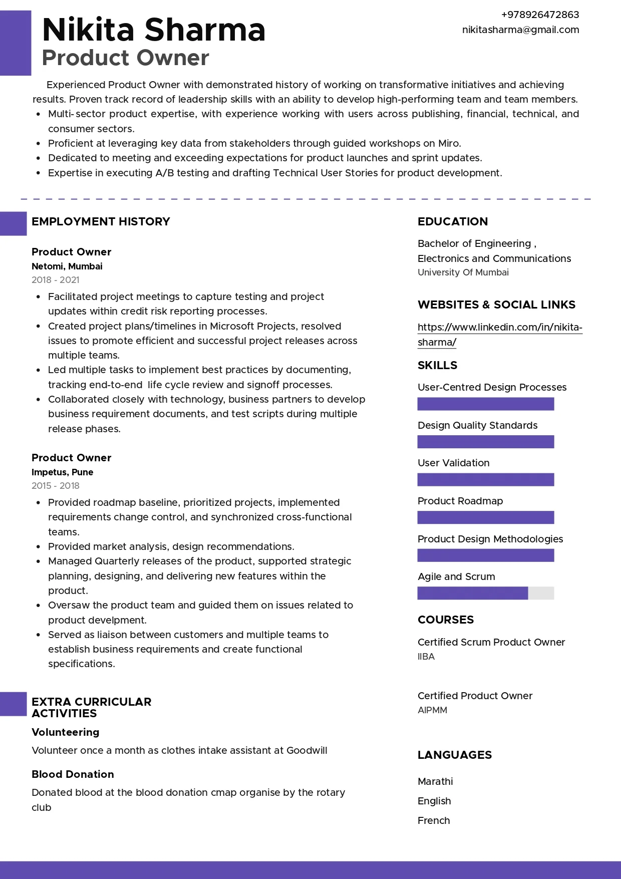 Sample Resume of Product Owner | Free Resume Templates & Samples on Resumod.co