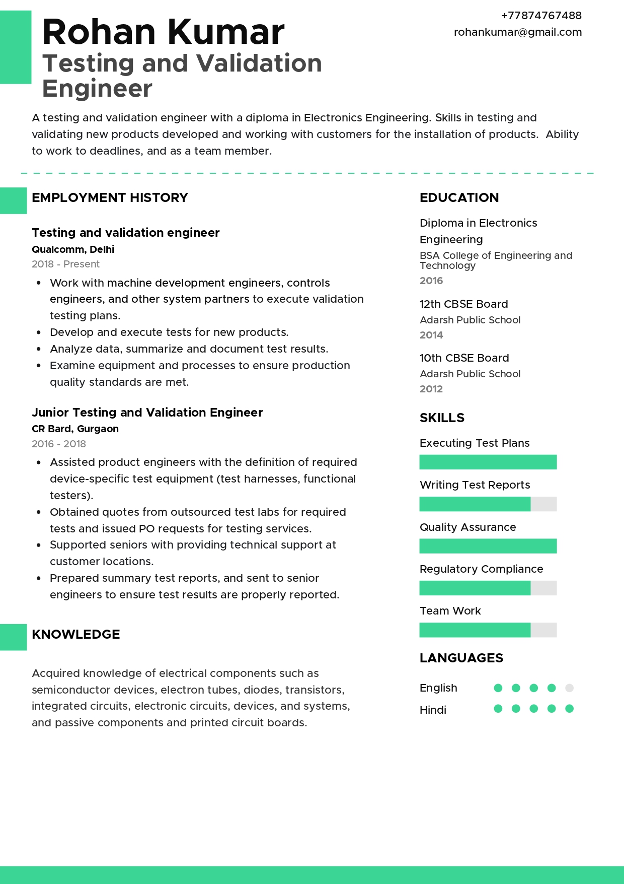 Sample Resume of Testing and Validation Engineer | Free Resume Templates & Samples on Resumod.co