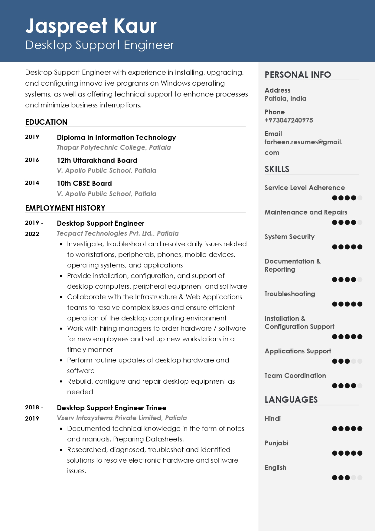 Sample Resume of Desktop Support Engineer | Free Resume Templates & Samples on Resumod.co