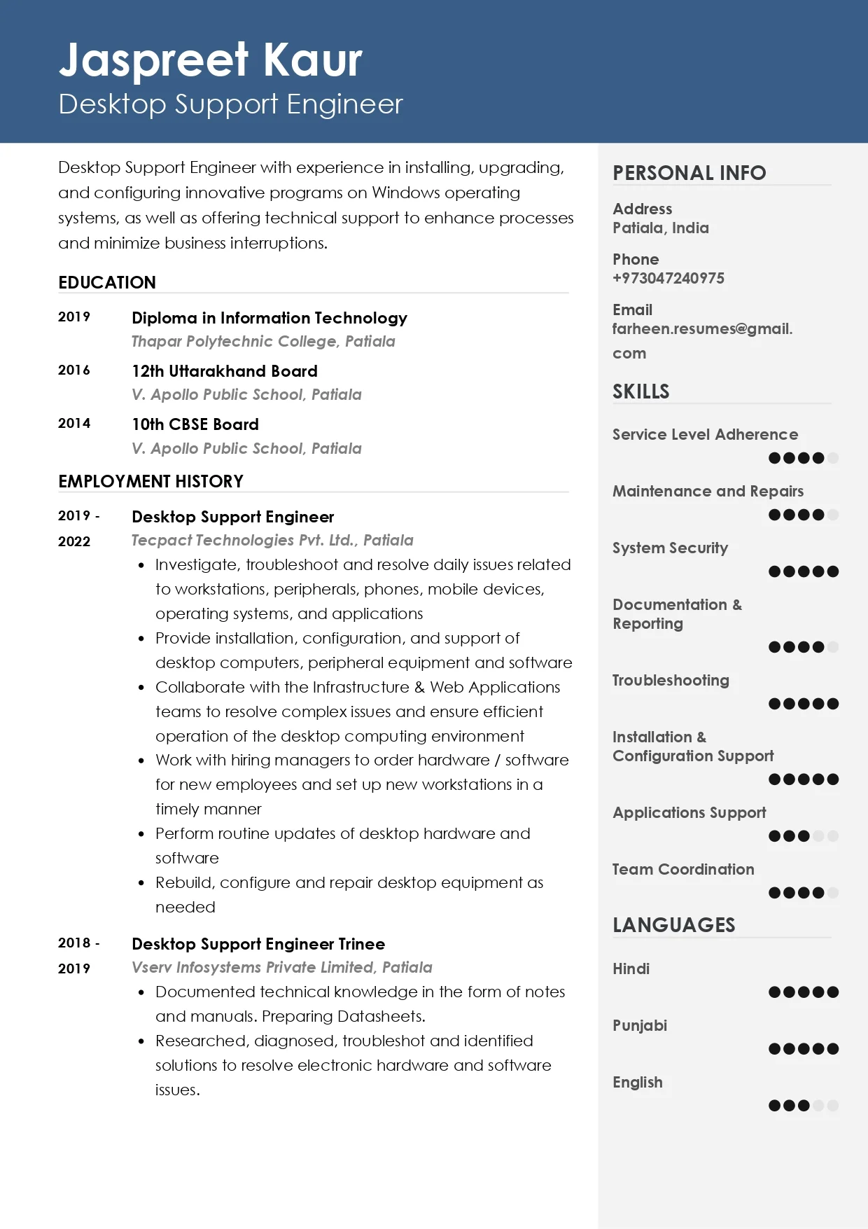 Sample Resume of Desktop Support Engineer | Free Resume Templates & Samples on Resumod.co