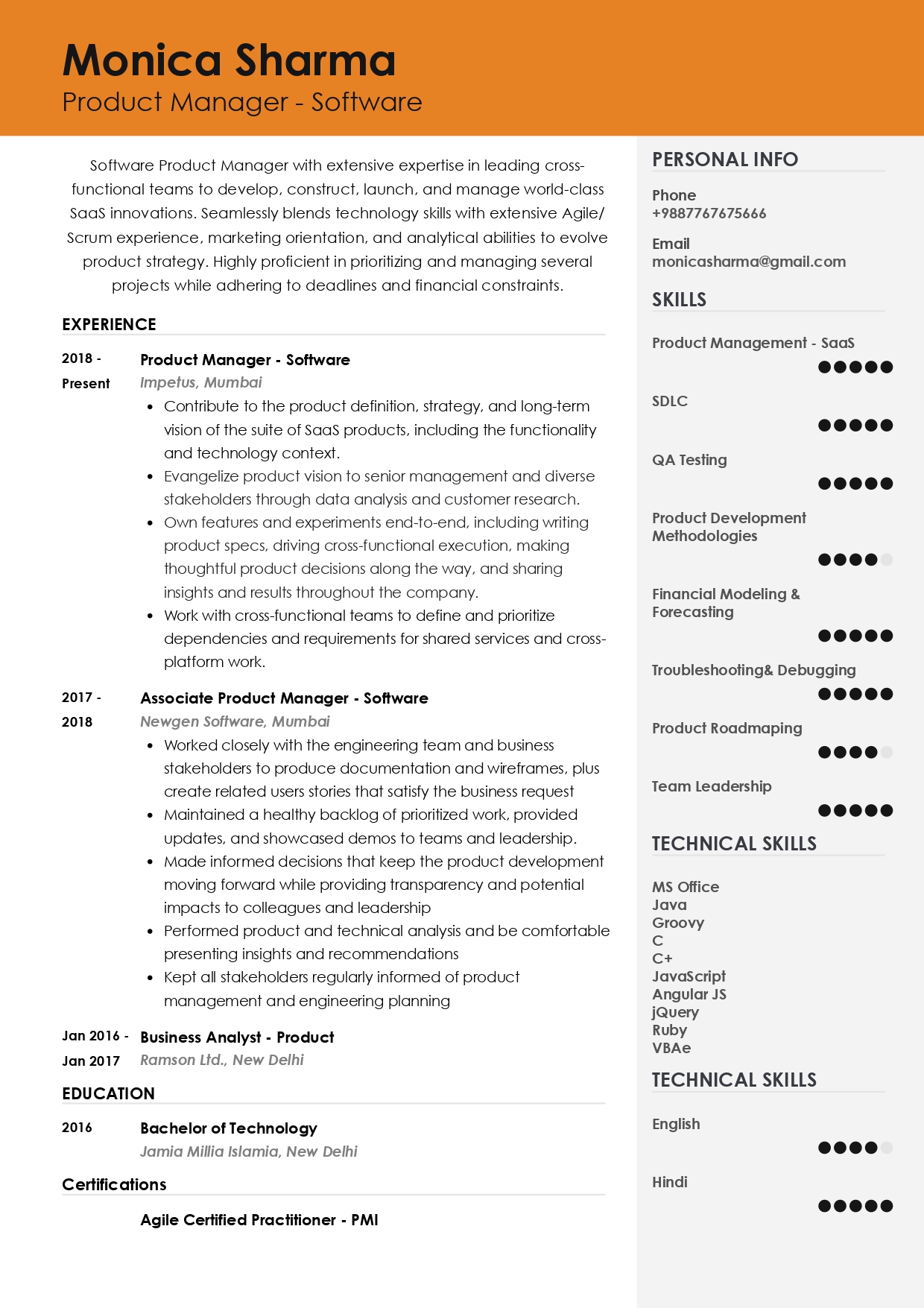 Sample Resume of  Product Manager-Software | Free Resume Templates & Samples on Resumod.co