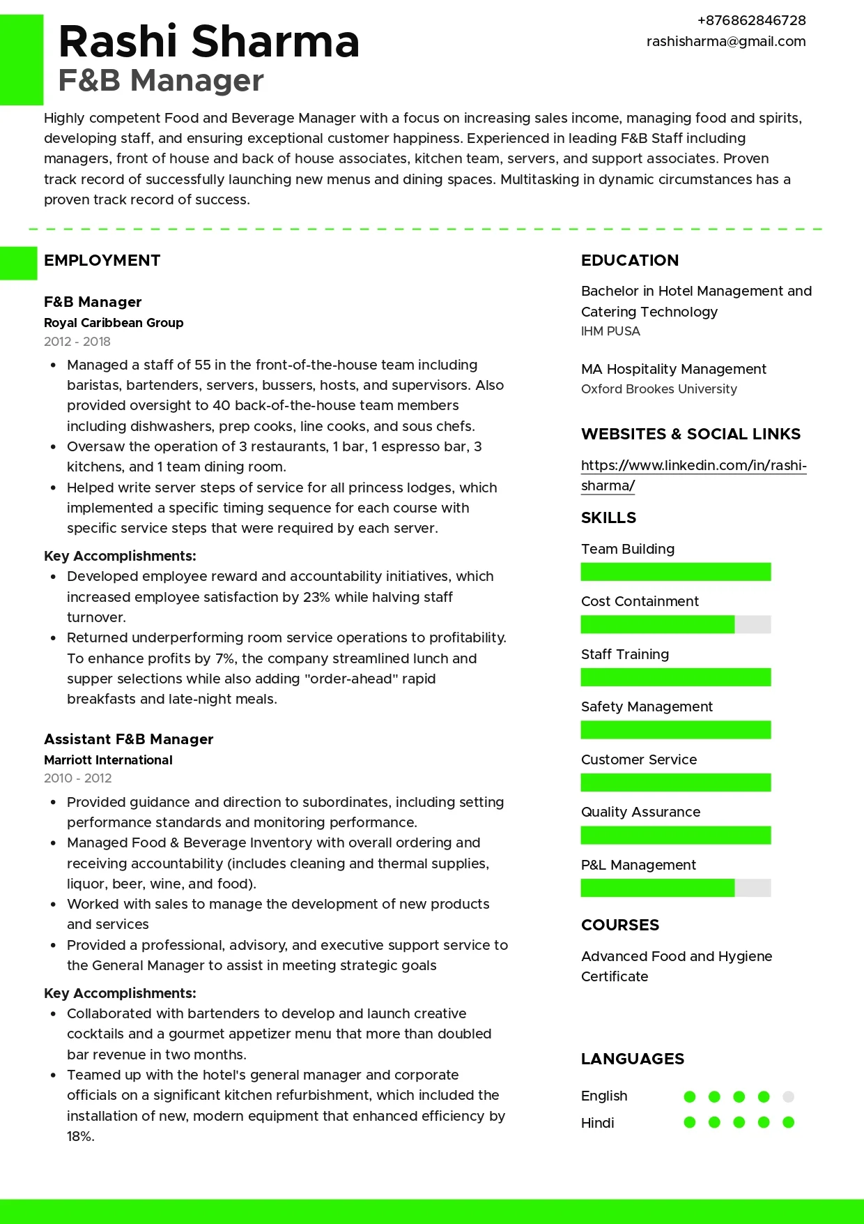 Sample Resume of F&B Manager | Free Resume Templates & Samples on Resumod.co