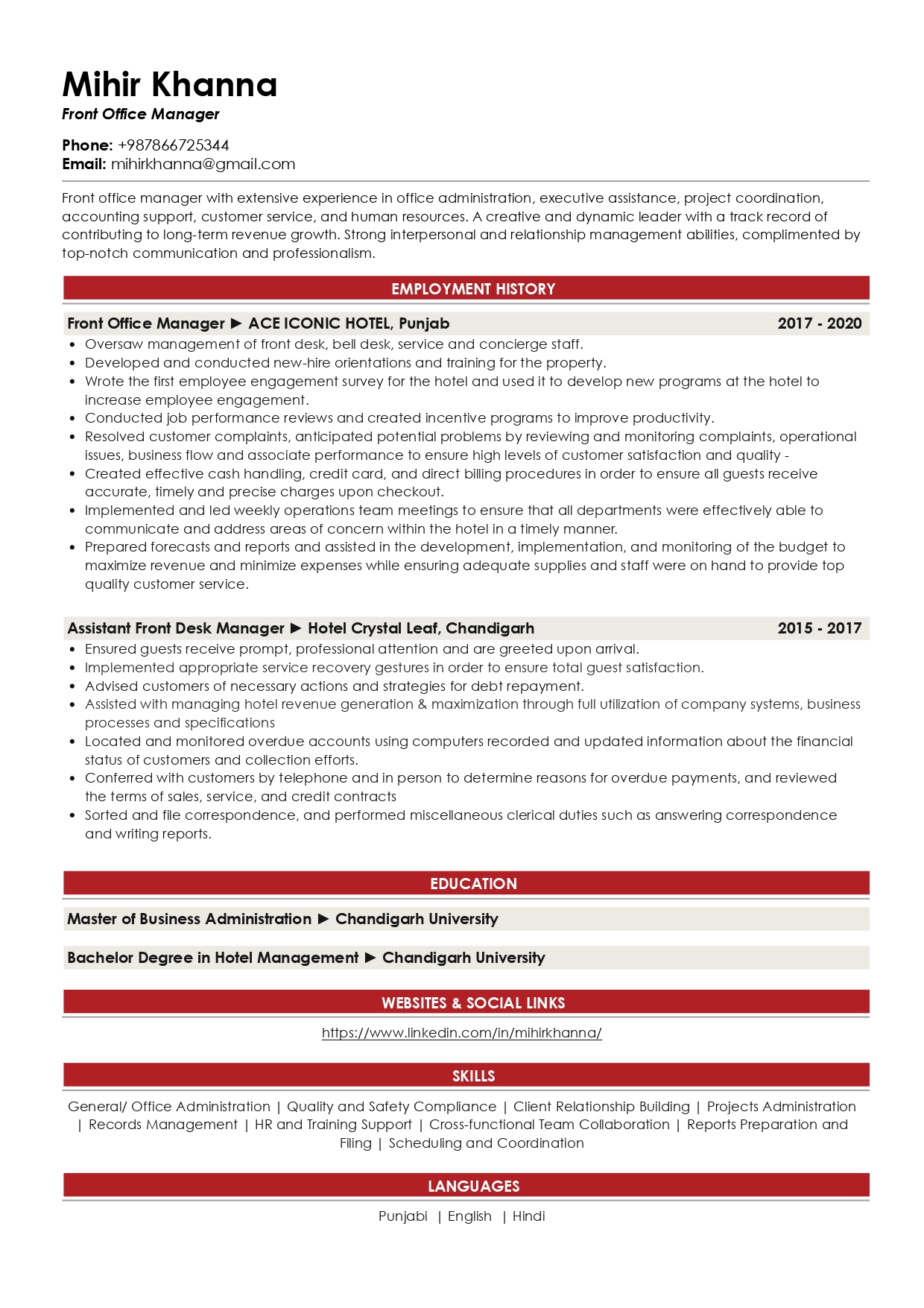 Sample Resume of Front Office Manager | Free Resume Templates & Samples on Resumod.co