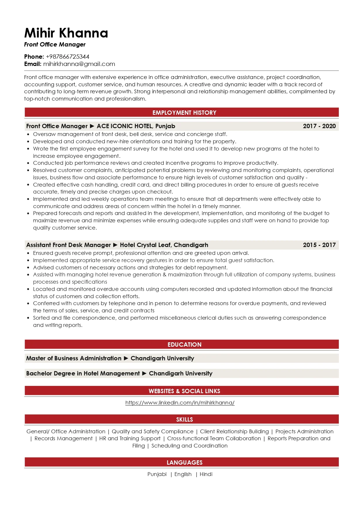Sample Resume of Front Office Manager | Free Resume Templates & Samples on Resumod.co