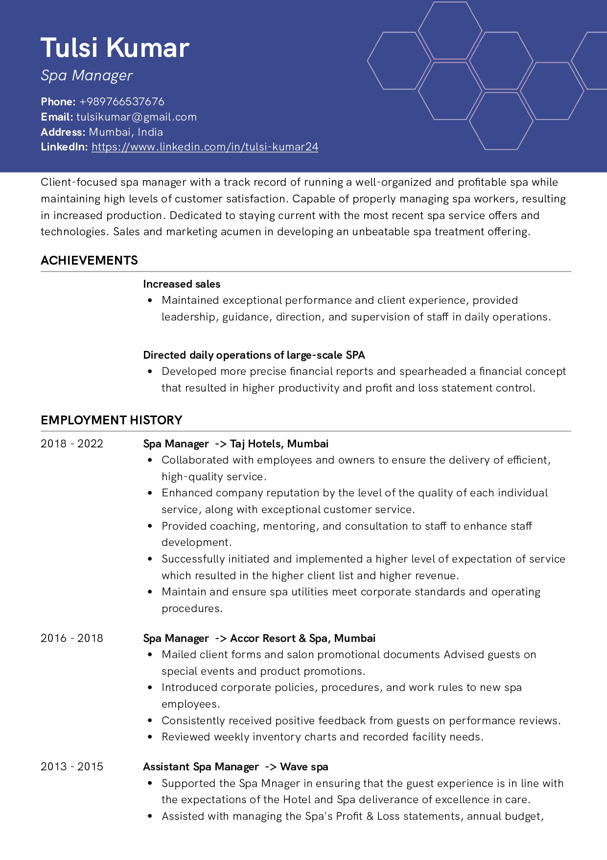 Sample Resume of Spa Manager | Free Resume Templates & Samples on Resumod.co