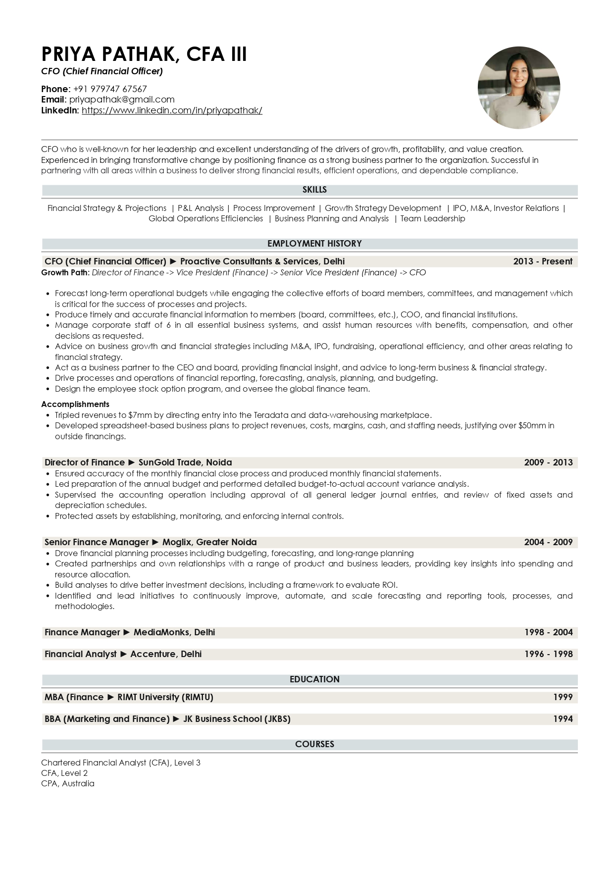 Sample Resume of Chief Financial Officer (CFO) | Free Resume Templates & Samples on Resumod.co