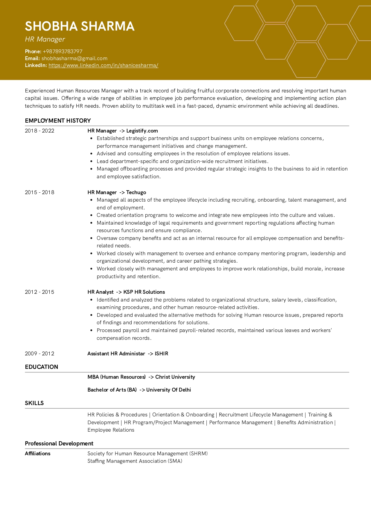 Sample Resume of HR Manager | Free Resume Templates & Samples on Resumod.co