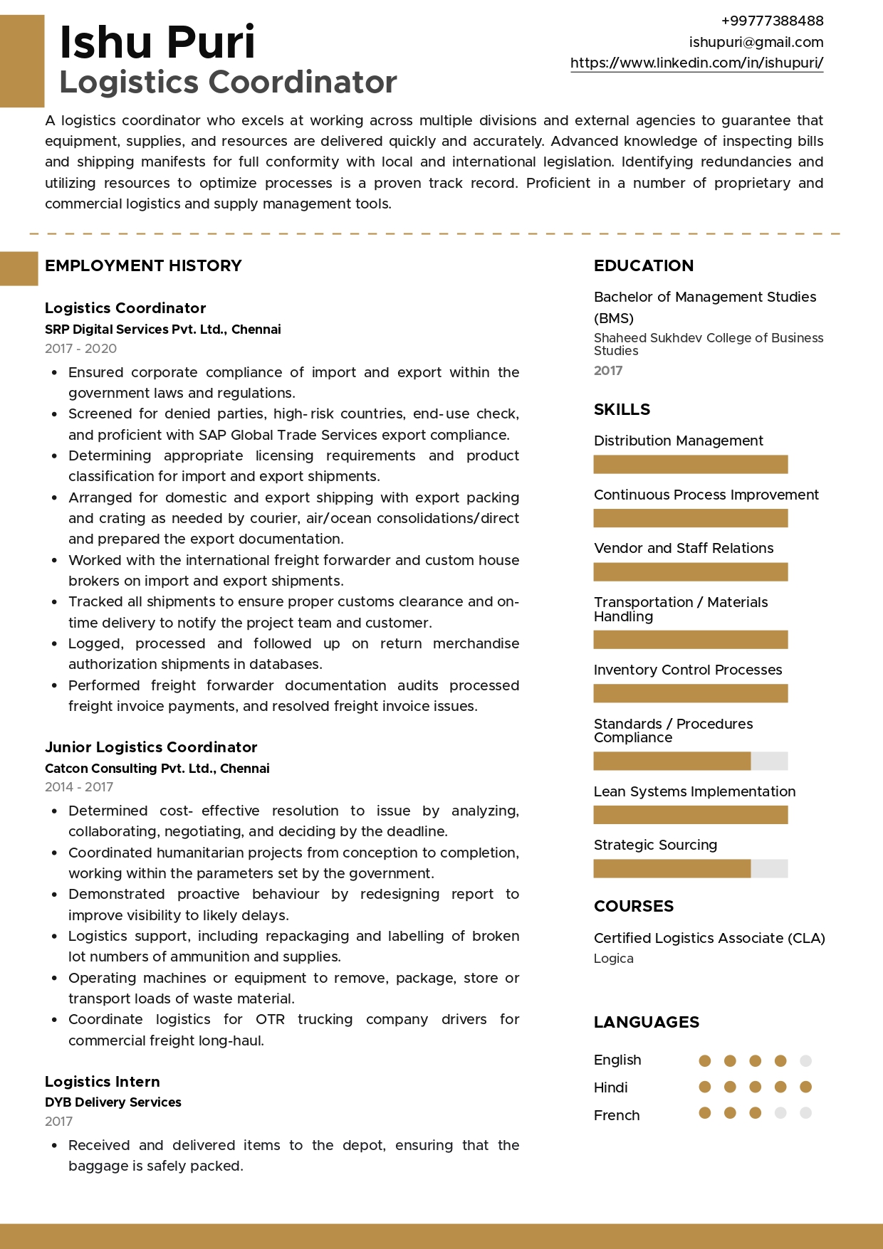 Sample Resume of Logistics Coordinator | Free Resume Templates & Samples on Resumod.co