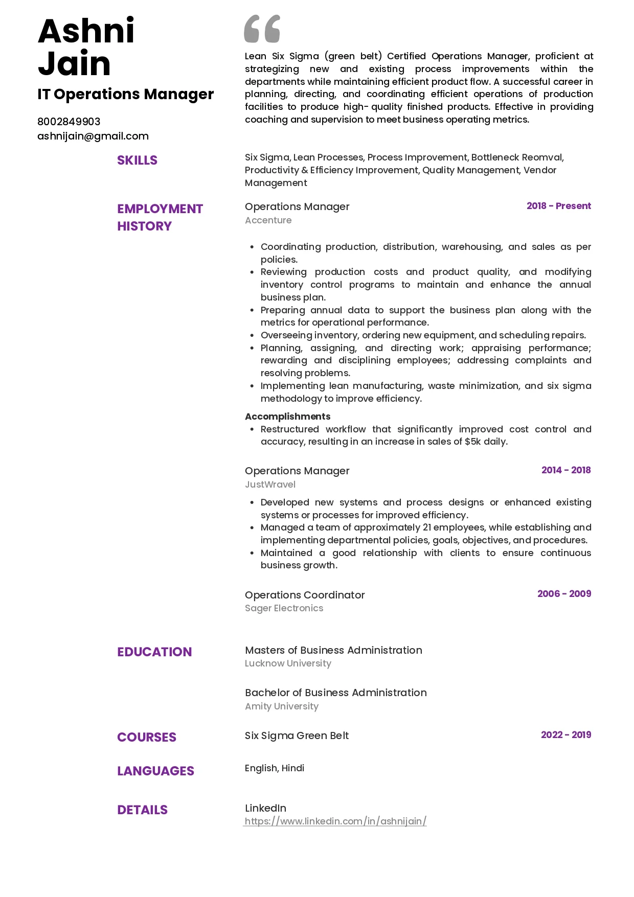 Sample Resume of Operations Manager (IT) | Free Resume Templates & Samples on Resumod.co