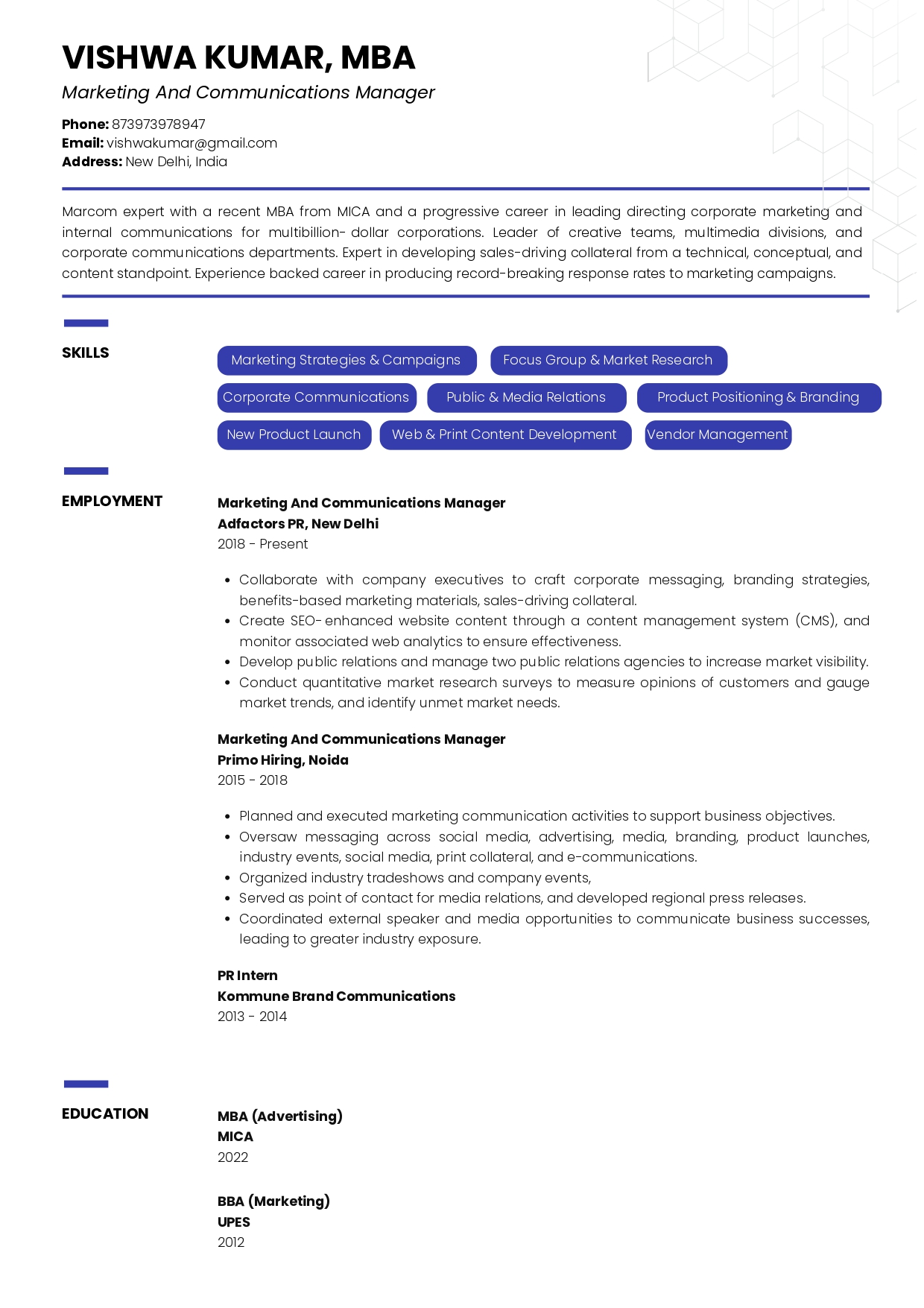 Sample Resume of Marketing and Communications Manager | Free Resume Templates & Samples on Resumod.co