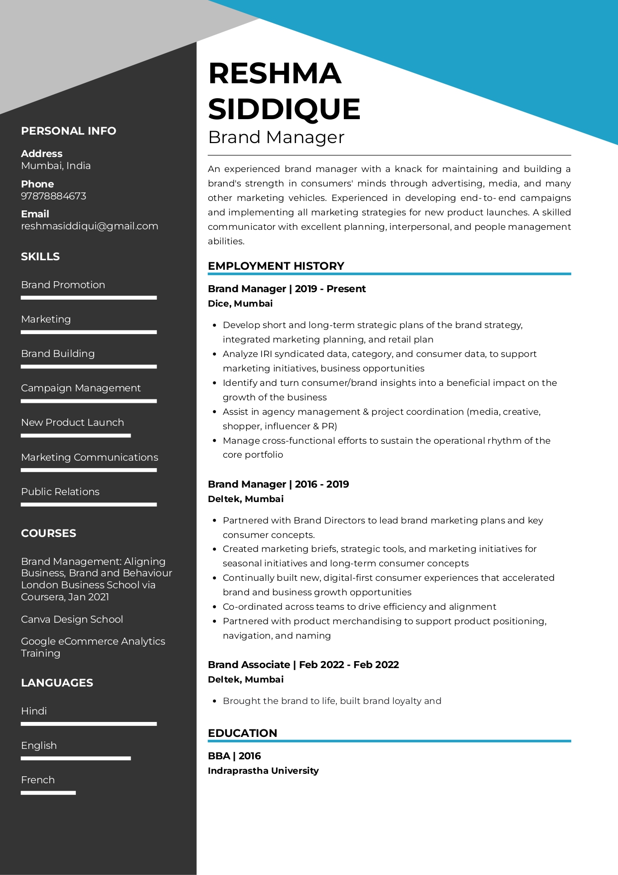Resume of Brand Manager
