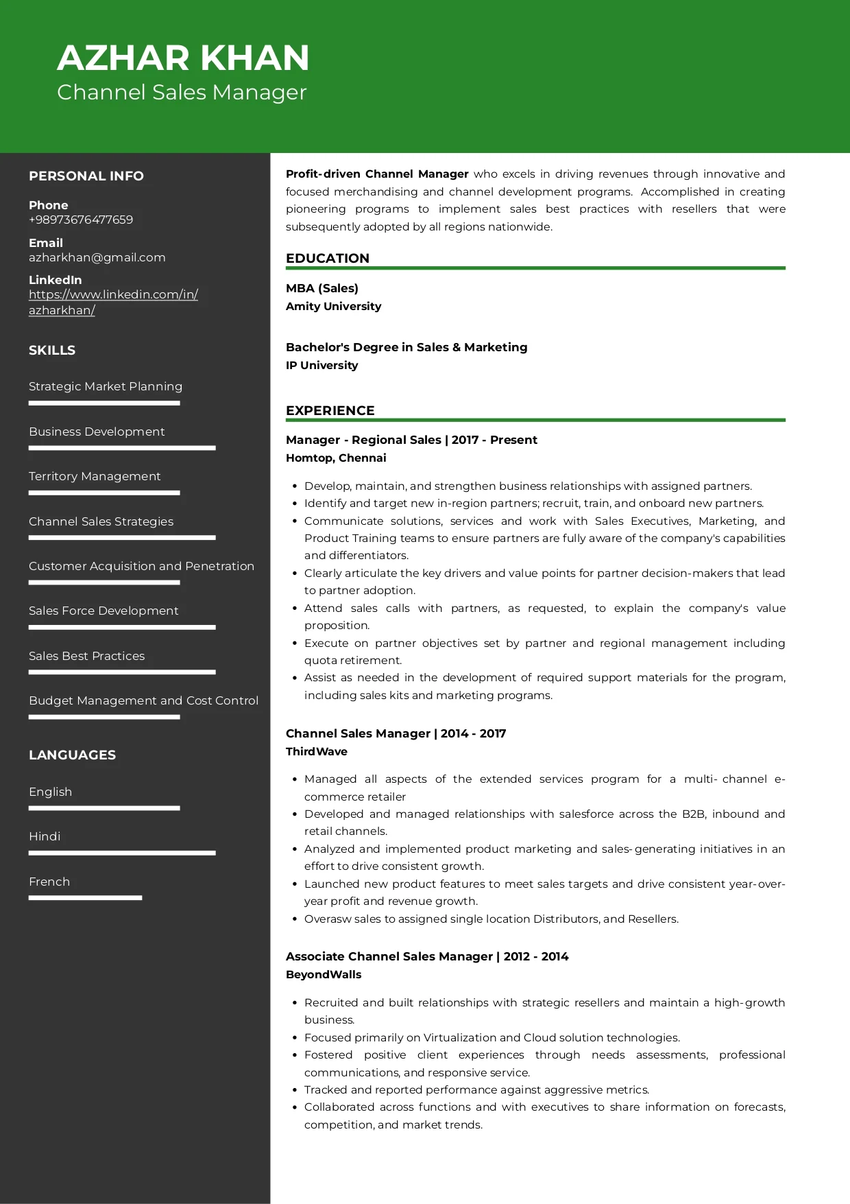 Sample Resume of Channel Sales Manager | Free Resume Templates & Samples on Resumod.co