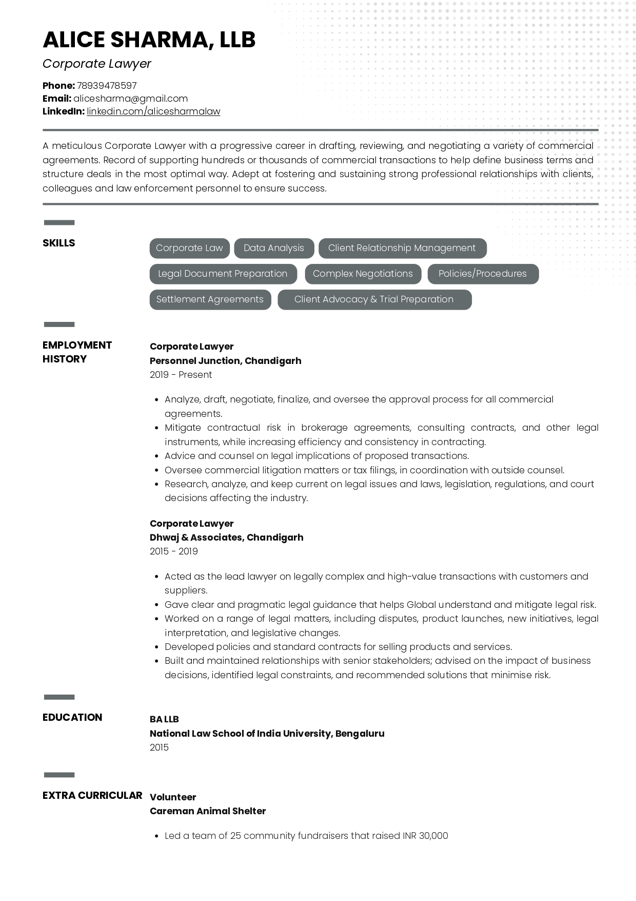Sample Resume of Corporate Lawyer | Free Resume Templates & Samples on Resumod.co