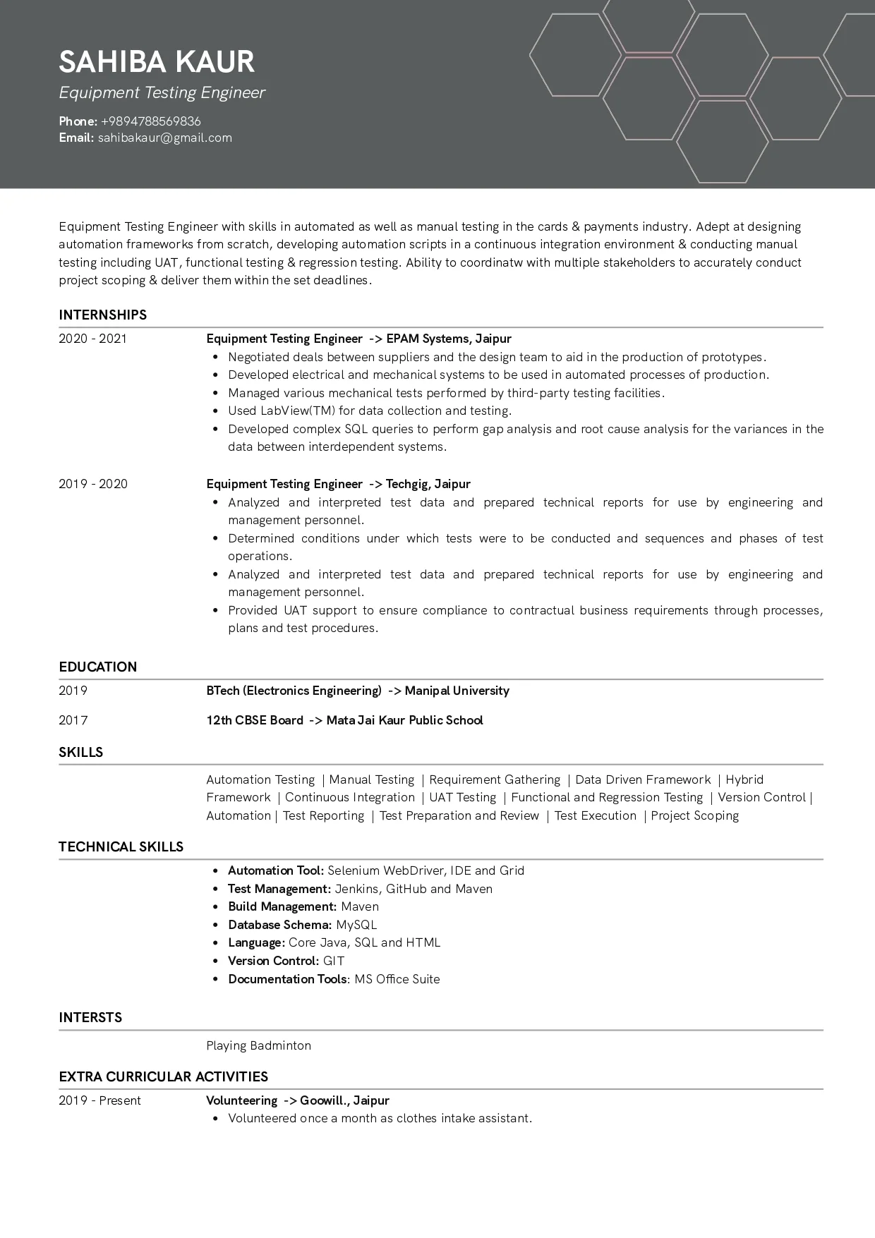 Sample Resume of Equipment Testing Engineer | Free Resume Templates & Samples on Resumod.co