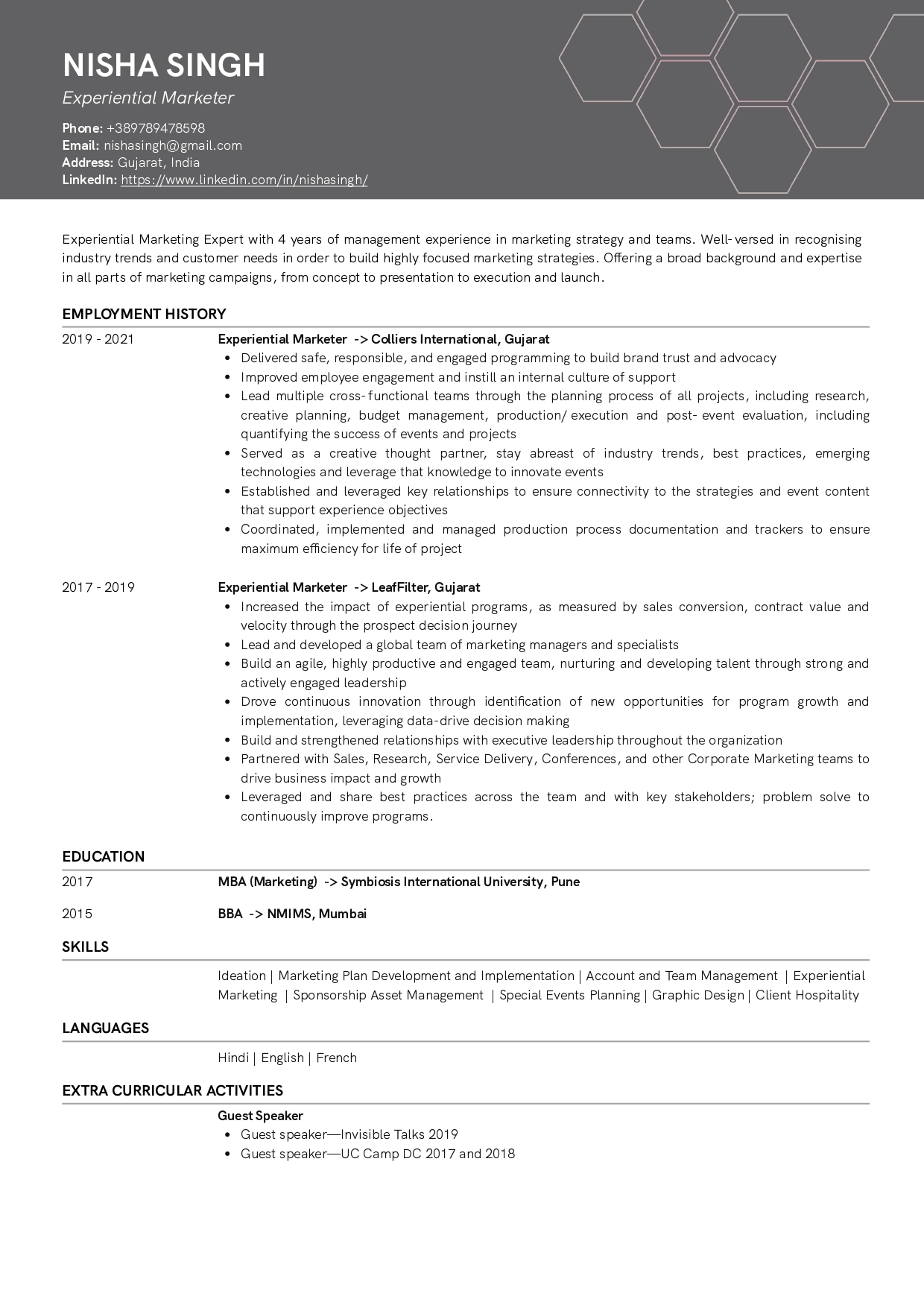 Resume of Experiential Marketer