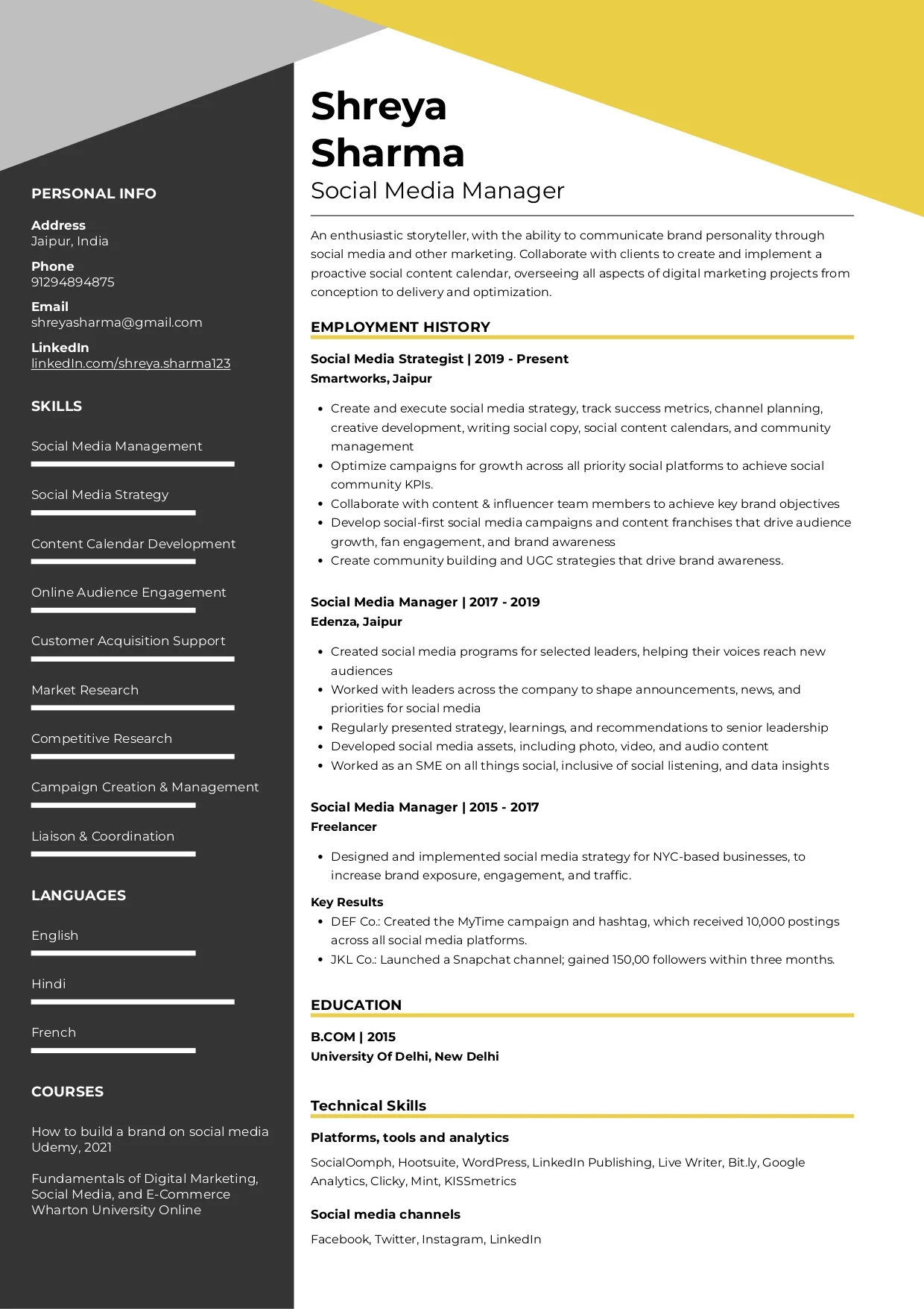 Sample Resume of Social Media Manager | Free Resume Templates & Samples on Resumod.co