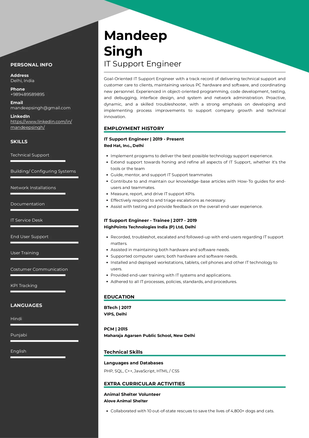 Sample Resume of IT Support Engineer | Free Resume Templates & Samples on Resumod.co