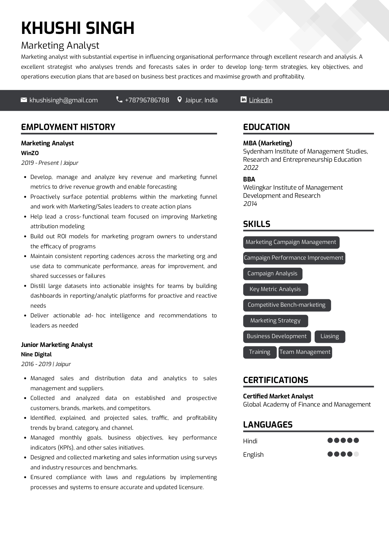 Sample Resume of Marketing Analyst | Free Resume Templates & Samples on Resumod.co