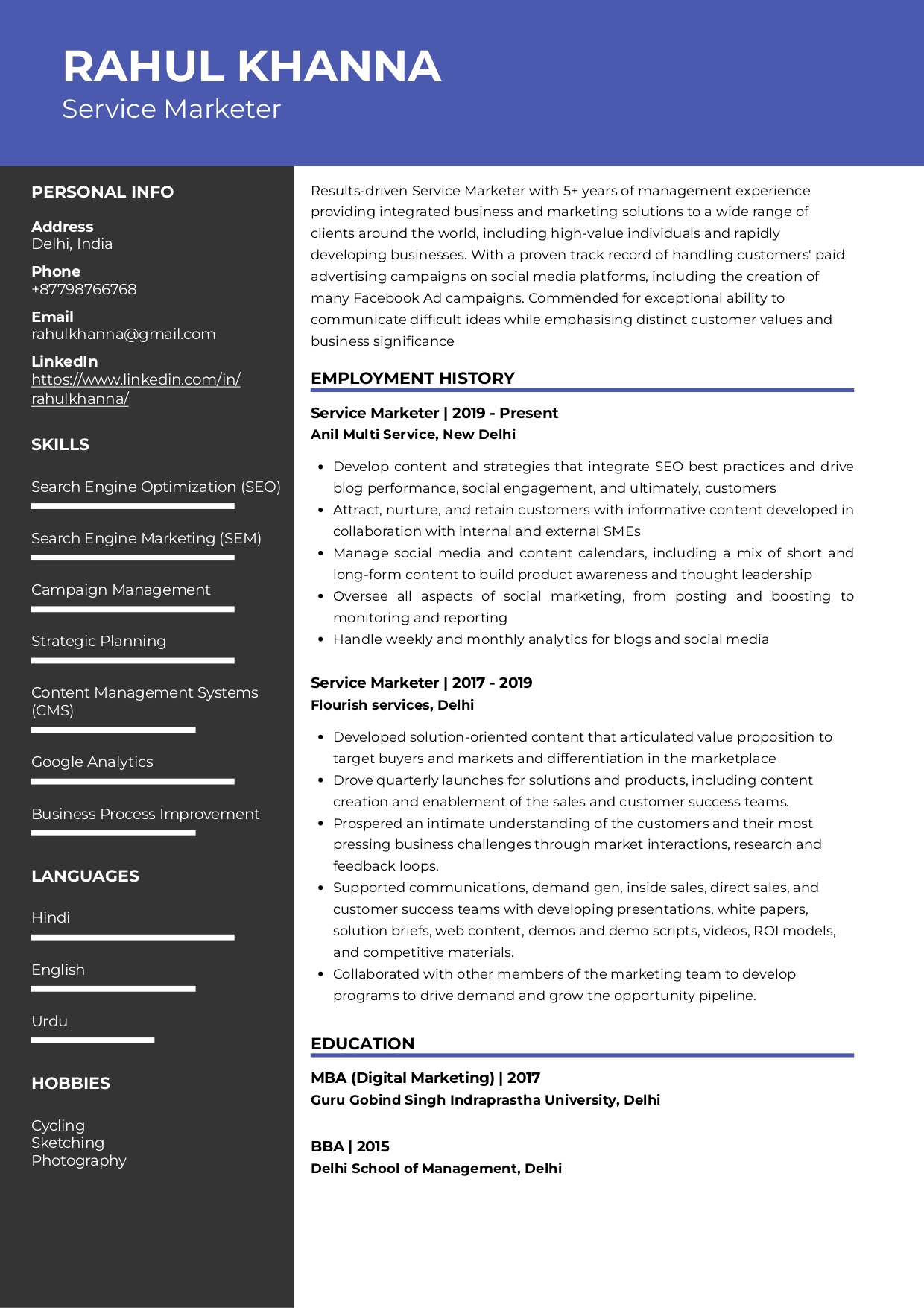 Sample Resume of Service Marketer | Free Resume Templates & Samples on Resumod.co