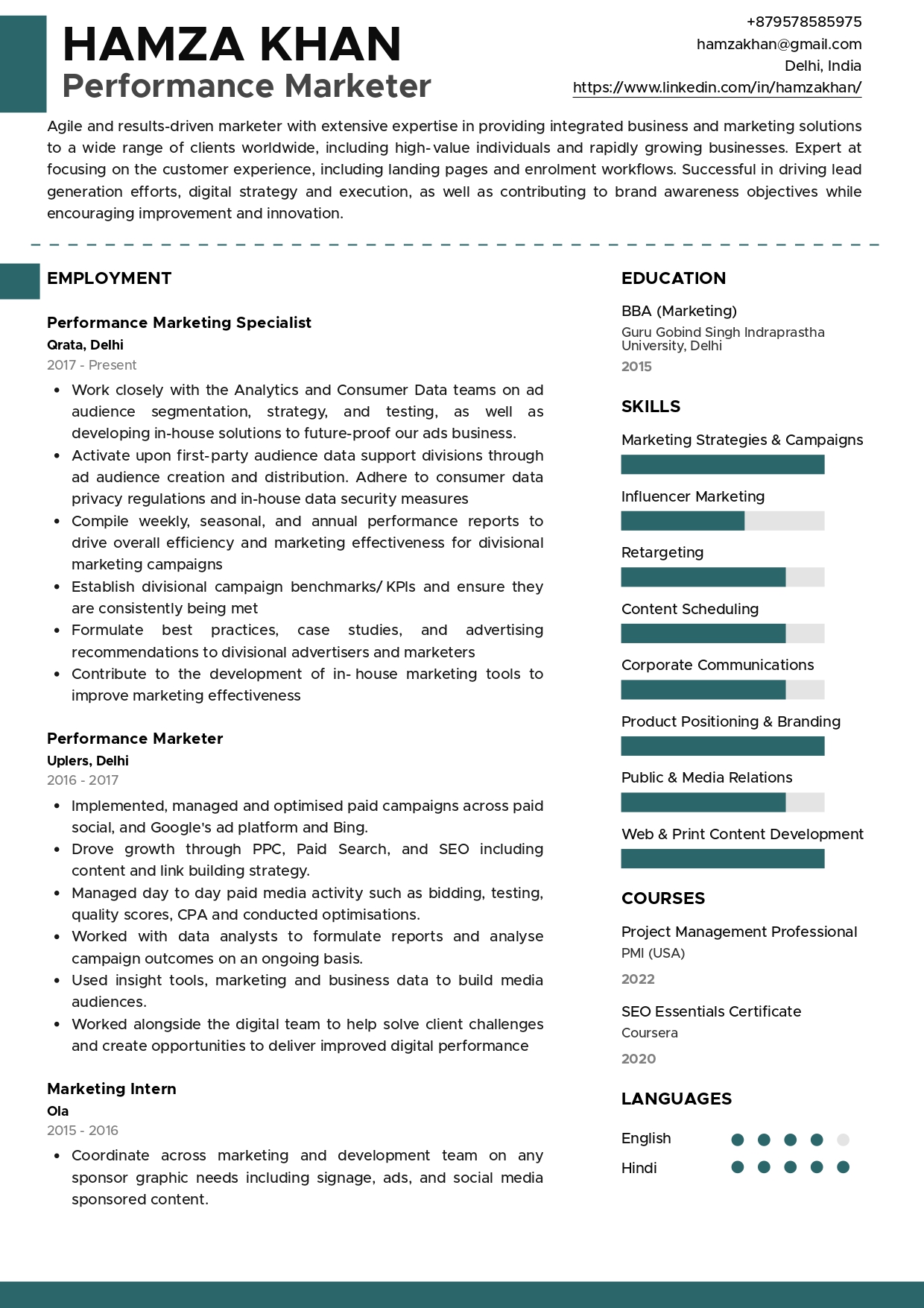 Sample Resume of Performance Marketer | Free Resume Templates & Samples on Resumod.co