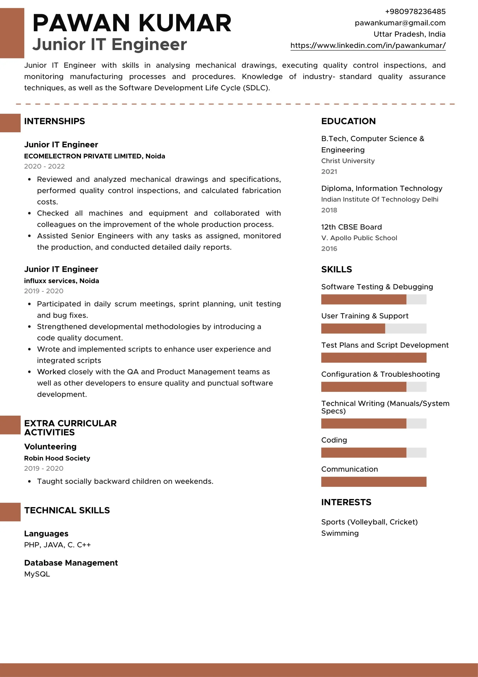 Sample Resume of Junior IT Engineer | Free Resume Templates & Samples on Resumod.co