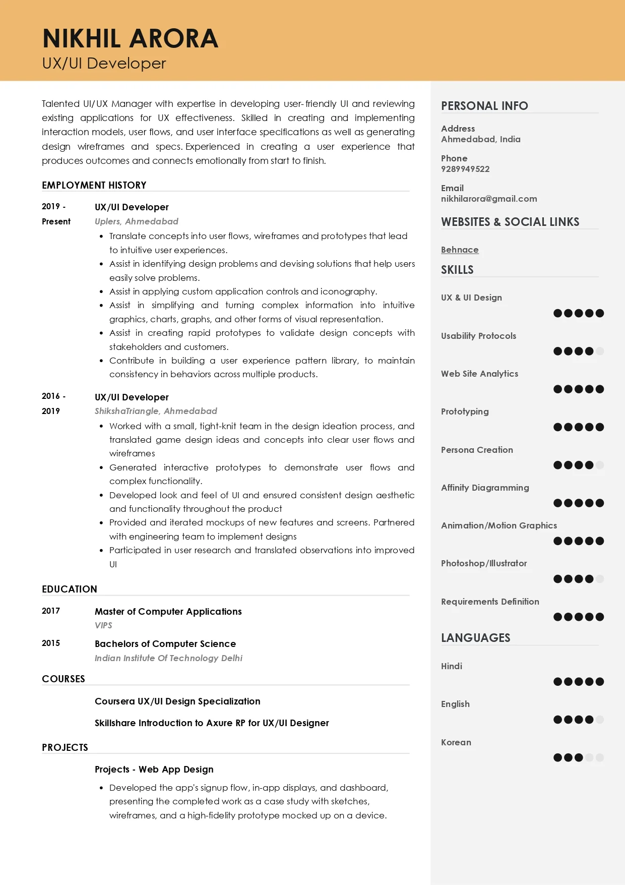 Sample Resume of UX/UI Developer | Free Resume Templates & Samples on Resumod.co