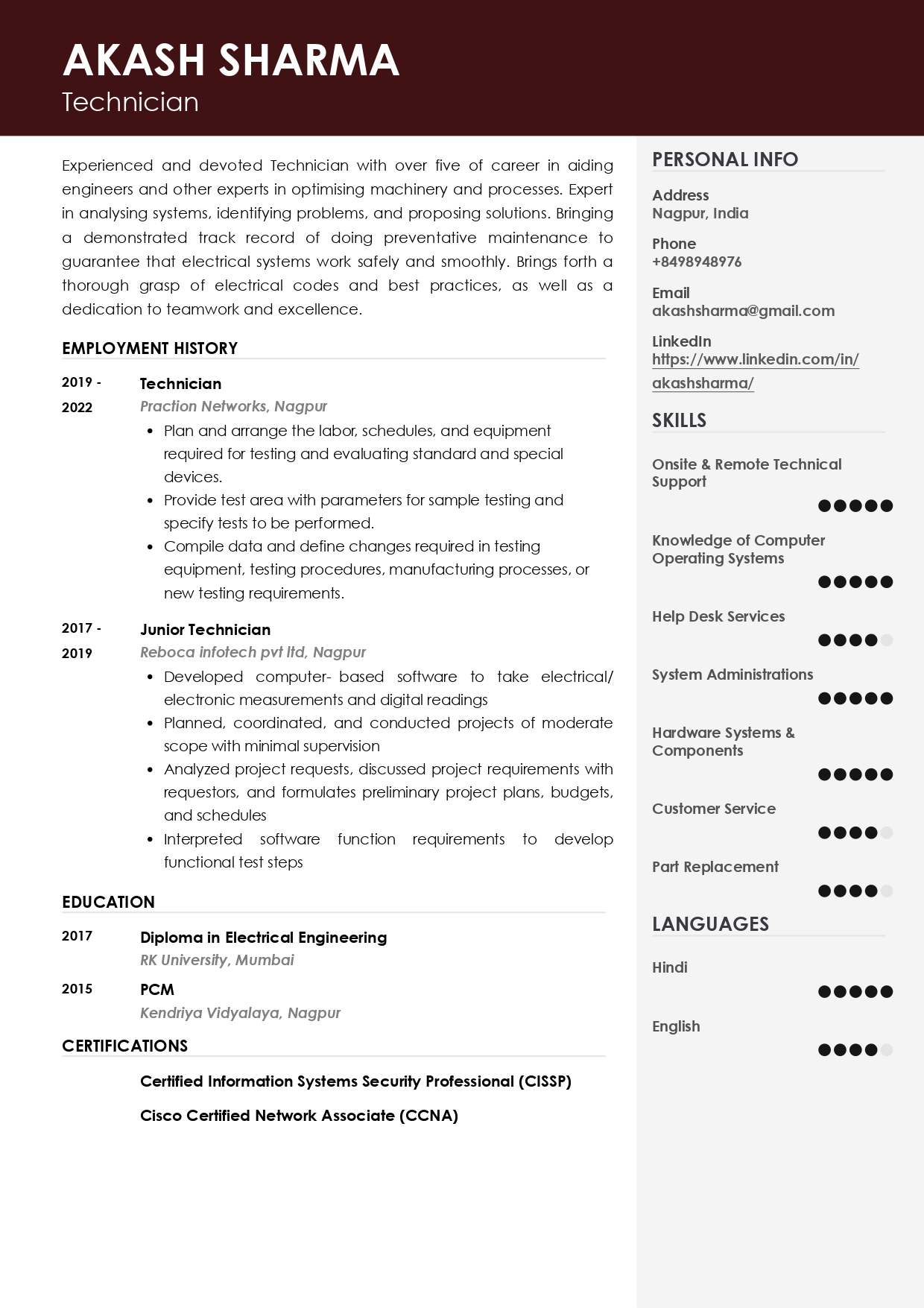Sample Resume of Technician | Free Resume Templates & Samples on Resumod.co