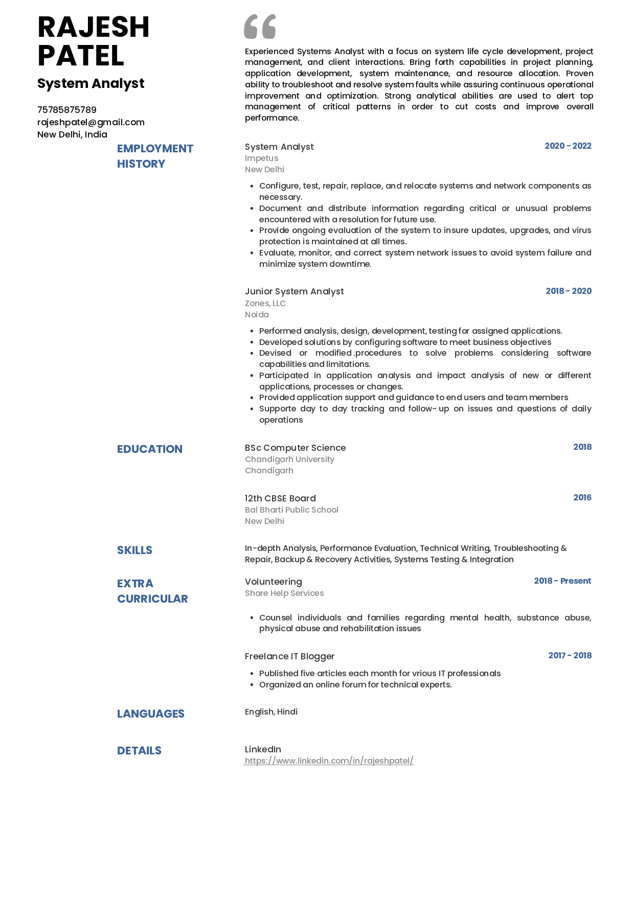 Sample Resume of System Analyst | Free Resume Templates & Samples on Resumod.co